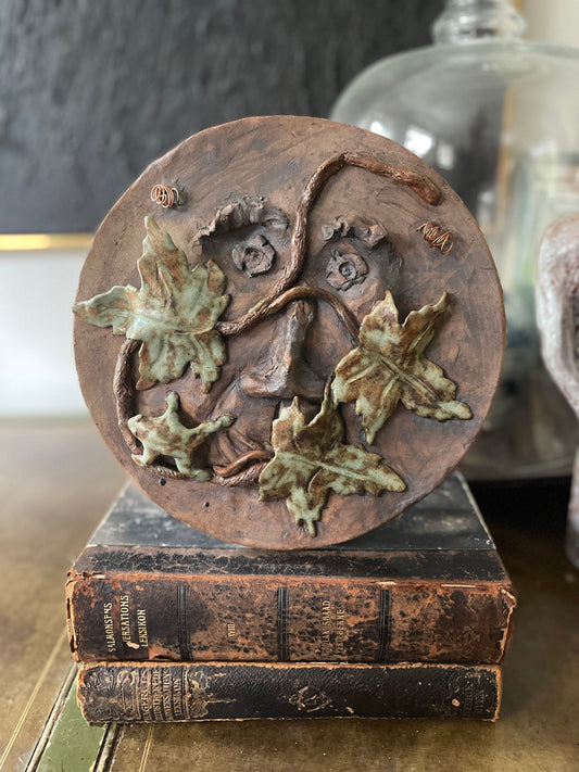 Handmade Pottery of Green Man Face in Leaves