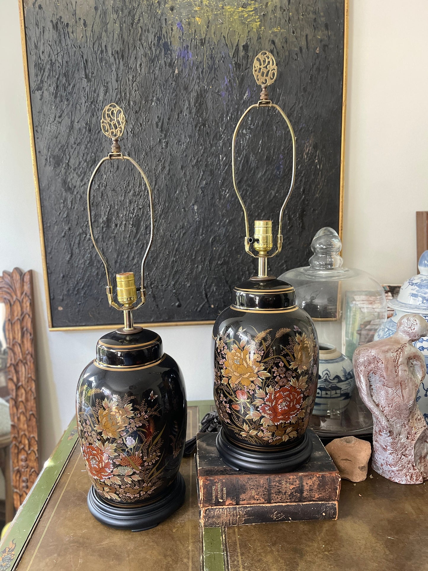 Pair of Vintage Black Chinoiserie Murray Feiss Lamps