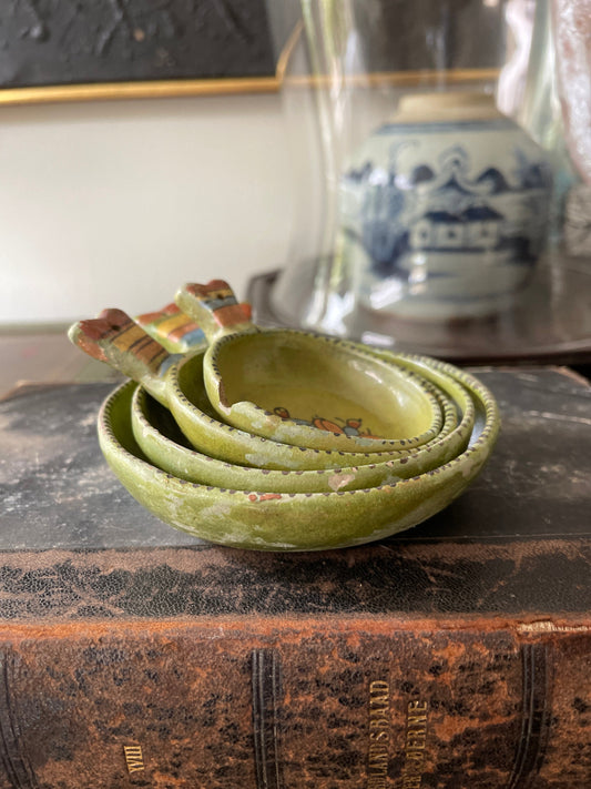 Vintage Set of Four (4) Tonala Green Glazed Terracotta Nested Measuring Cups