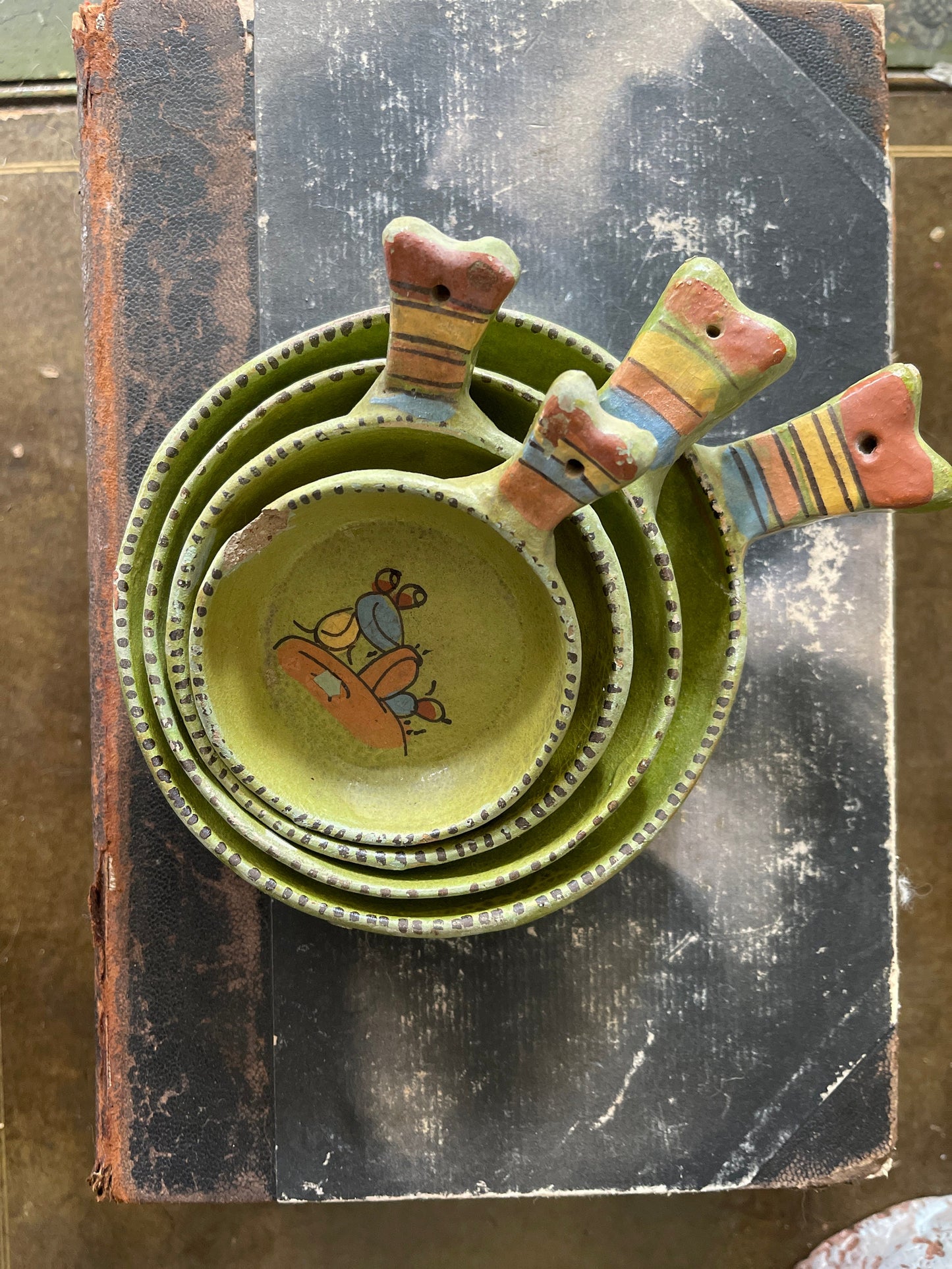 Vintage Set of Four (4) Tonala Green Glazed Terracotta Nested Measuring Cups