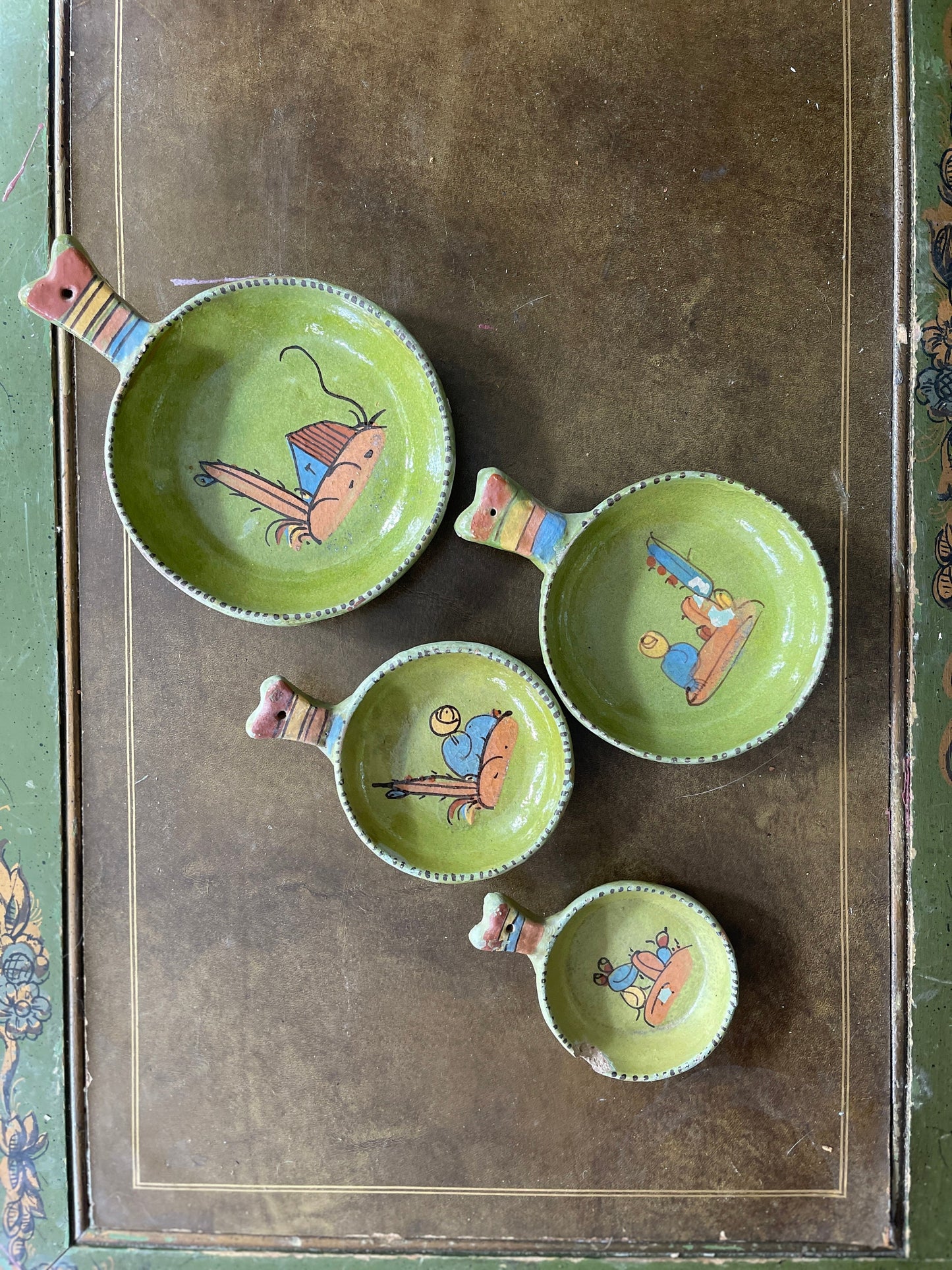 Vintage Set of Four (4) Tonala Green Glazed Terracotta Nested Measuring Cups