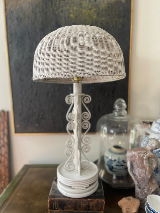 Vintage White Pencil Reed and Wicker Lamp