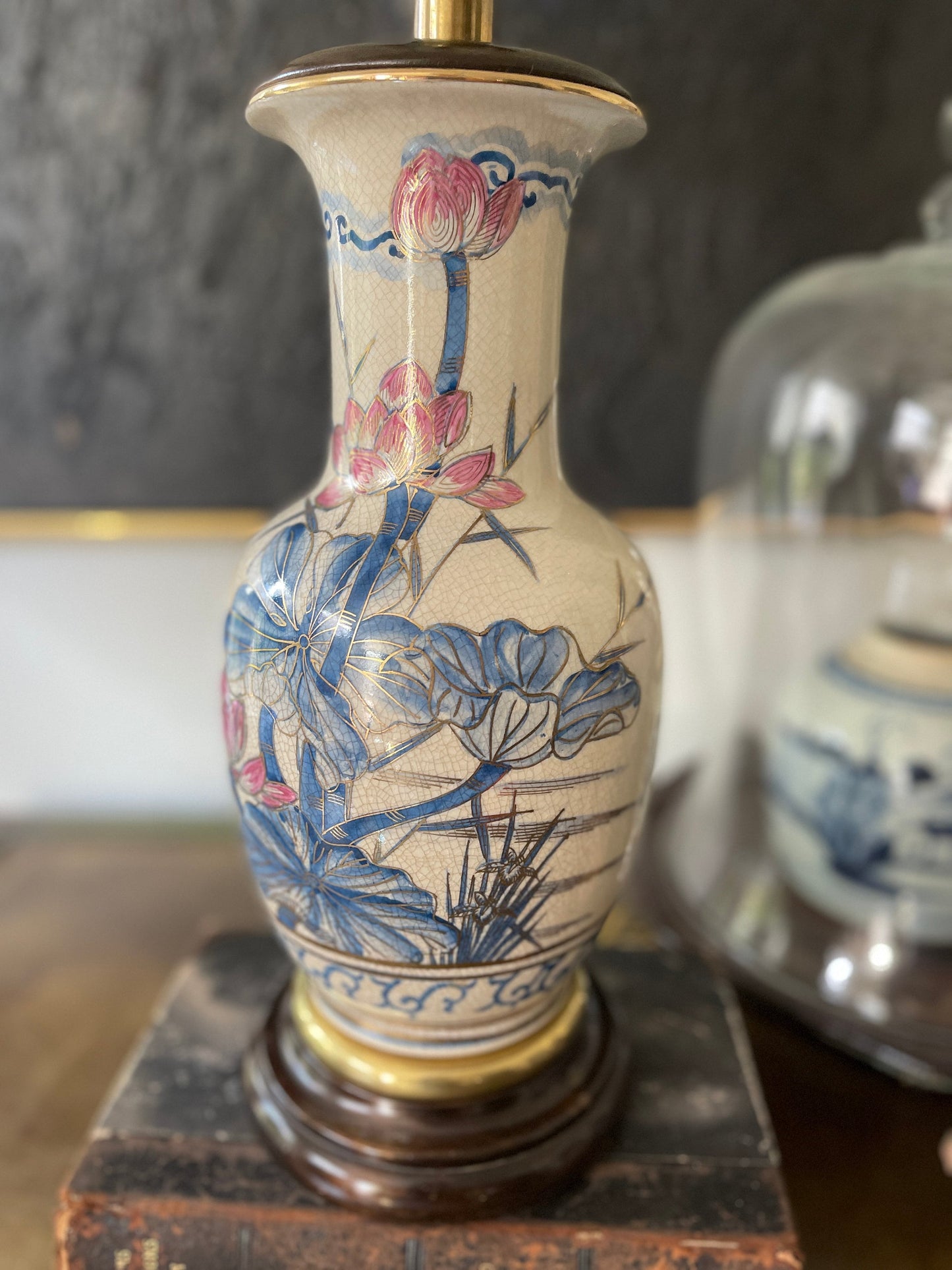 Vintage Asian Pink and Blue Crackle Glaze Table Lamp