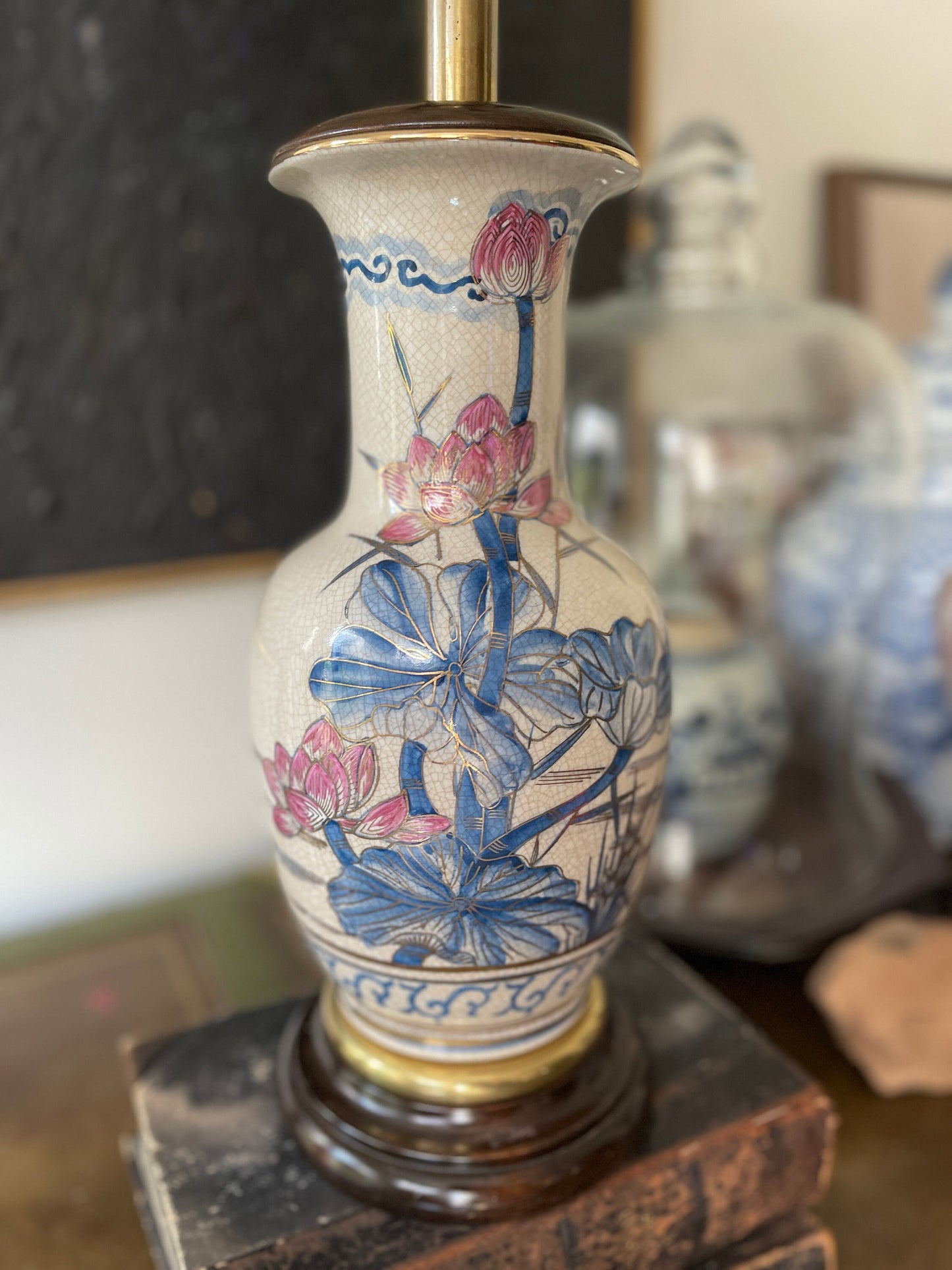 Vintage Asian Pink and Blue Crackle Glaze Table Lamp