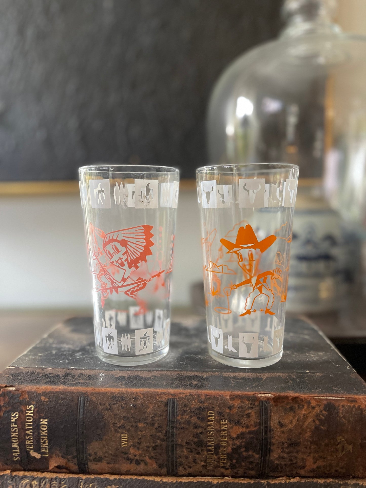 Set of Two(2) Anchor Hocking Western Cowboy MCM Retro Drinking Glasses