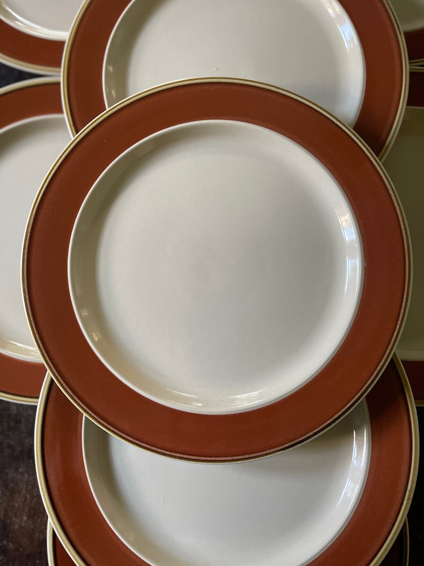 Set of Eight (8) Vintage Stoneware 10.75” Dinner Plates in Bandolero Sienna Japanese