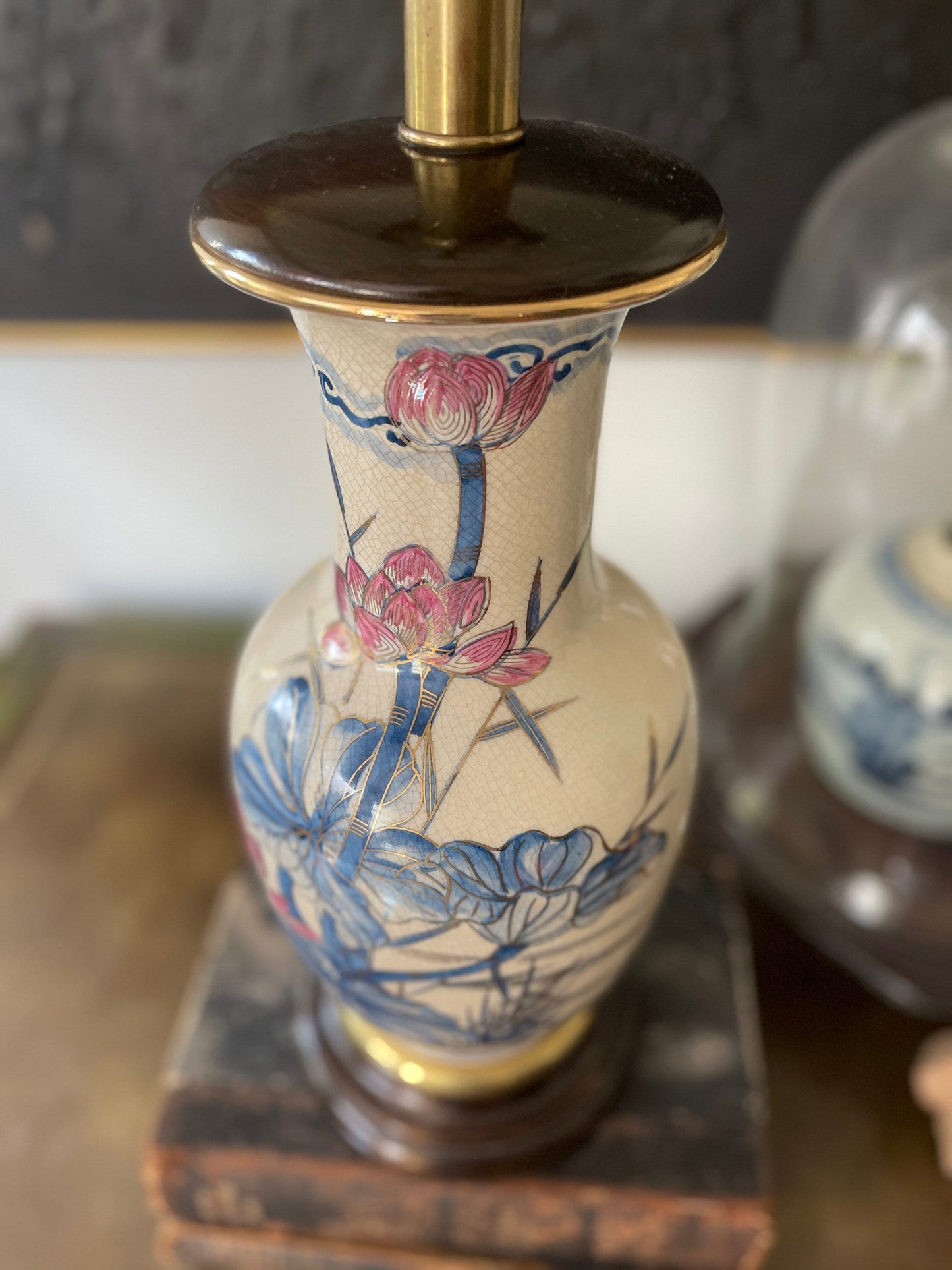 Vintage Asian Pink and Blue Crackle Glaze Table Lamp