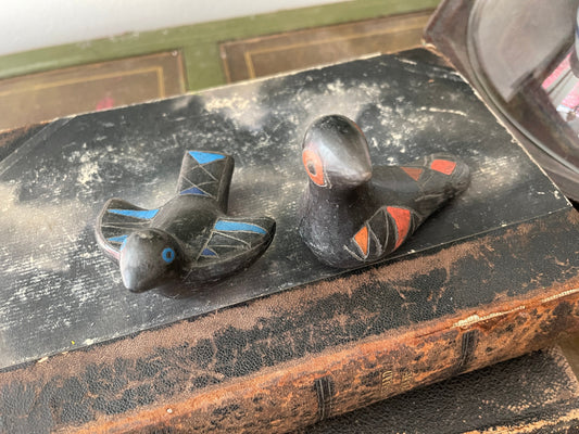 Pair of Black Pottery Folk Art Birds