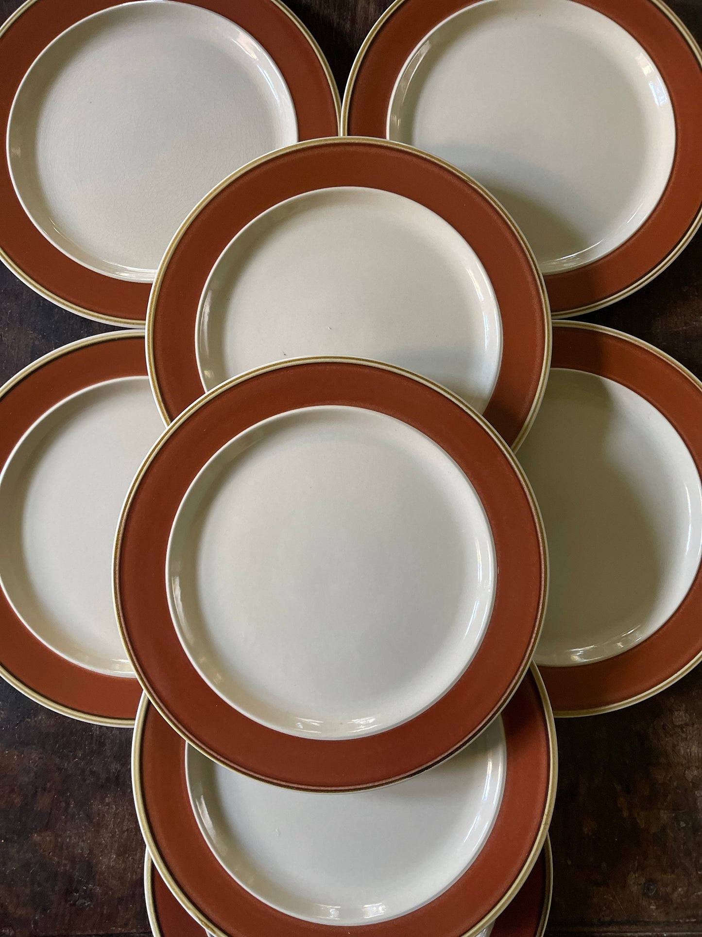 Set of Eight (8) Vintage Stoneware 10.75” Dinner Plates in Bandolero Sienna Japanese