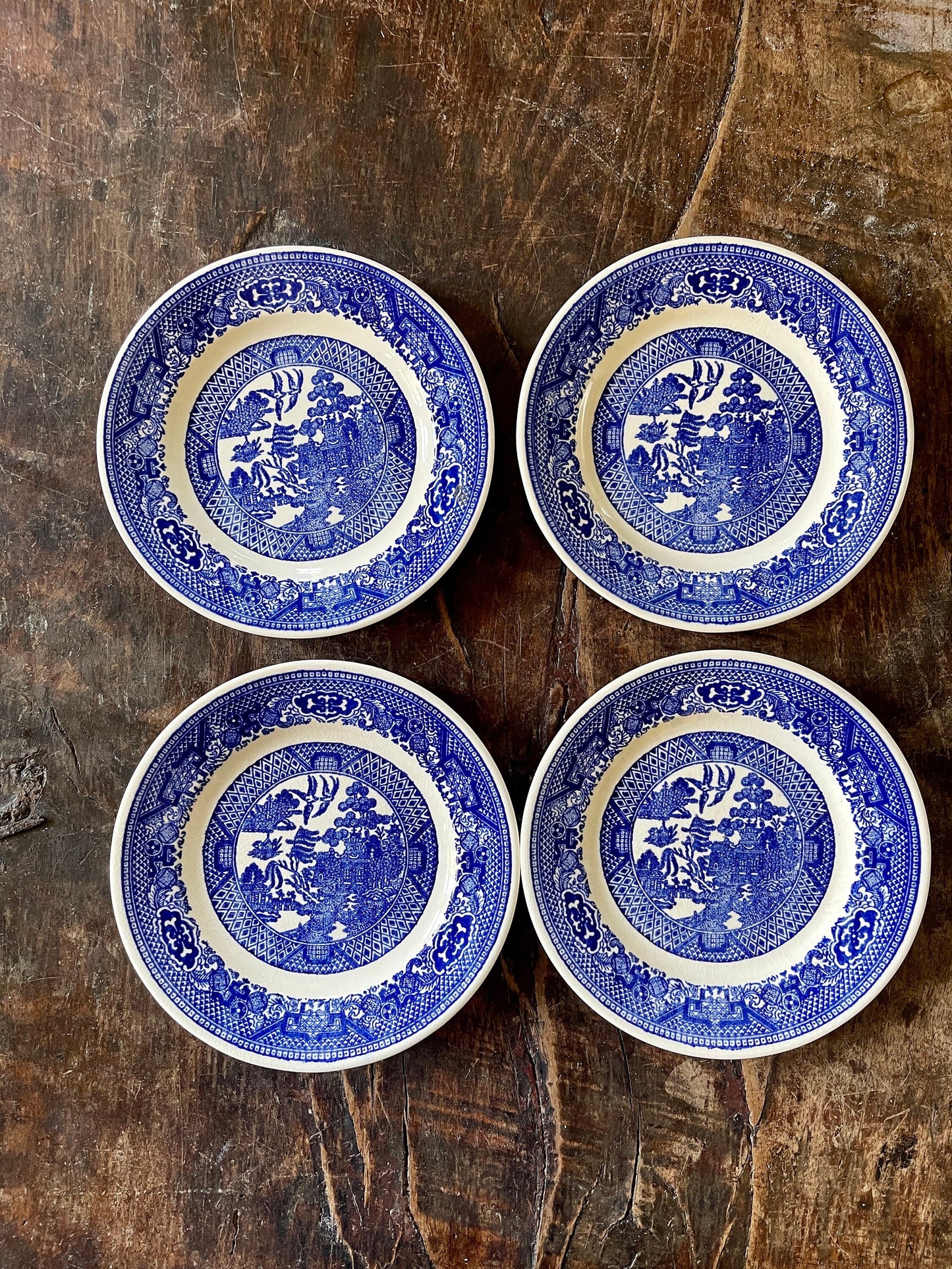 Set of Four (4) 6 3/8” Blue Willow Small Plates Vintage