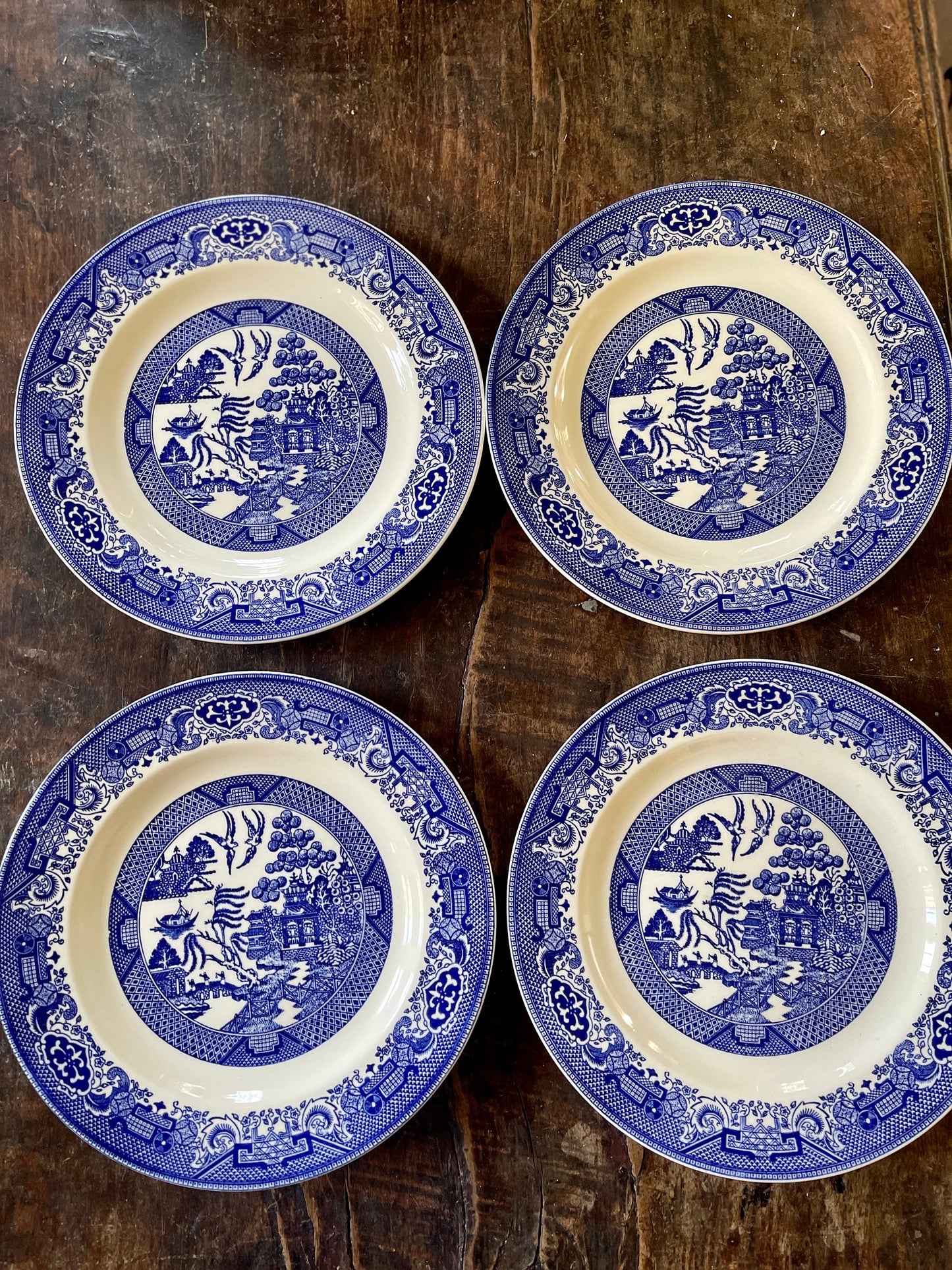 Set of Four (4) 10” Blue Willow Dinner Plates Vintage