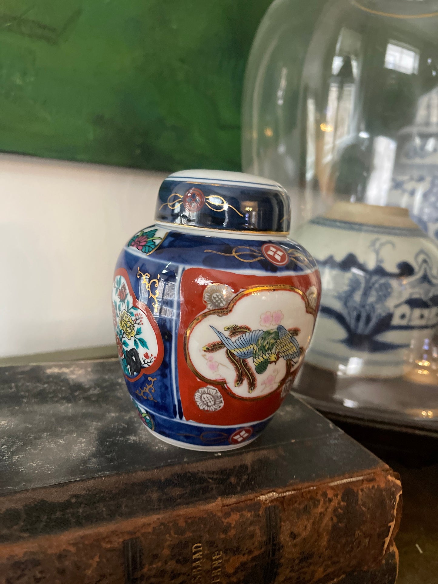 Small Vintage Japanese Red and Blue Ginger Jar