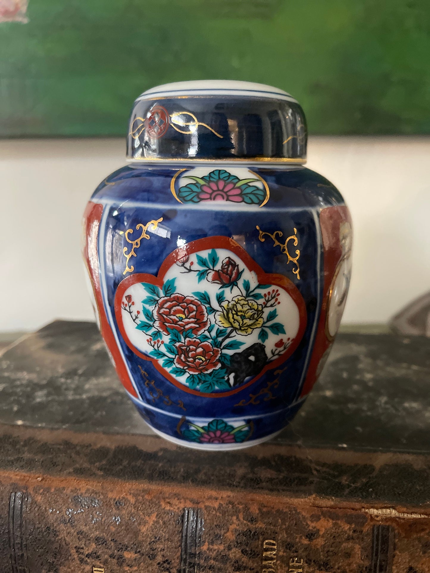 Small Vintage Japanese Red and Blue Ginger Jar