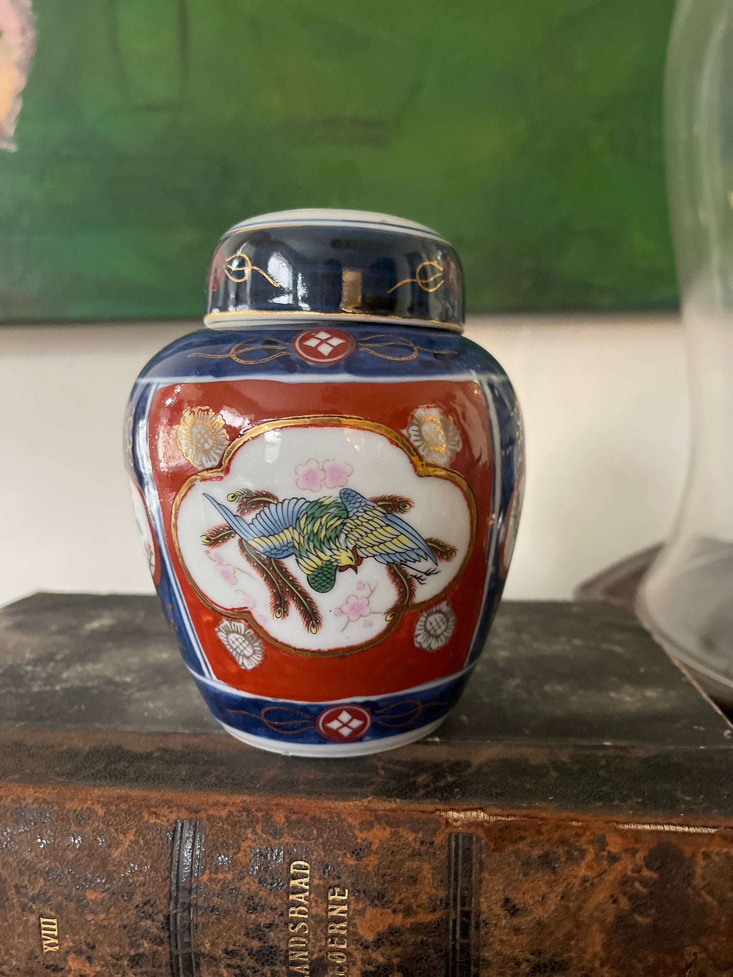 Small Vintage Japanese Red and Blue Ginger Jar