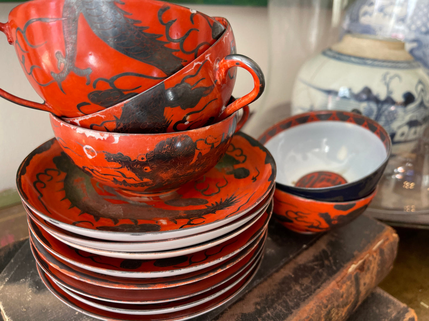 Vintage Collection of 13 Pieces Red Dragon Chinese Teacups and Saucers