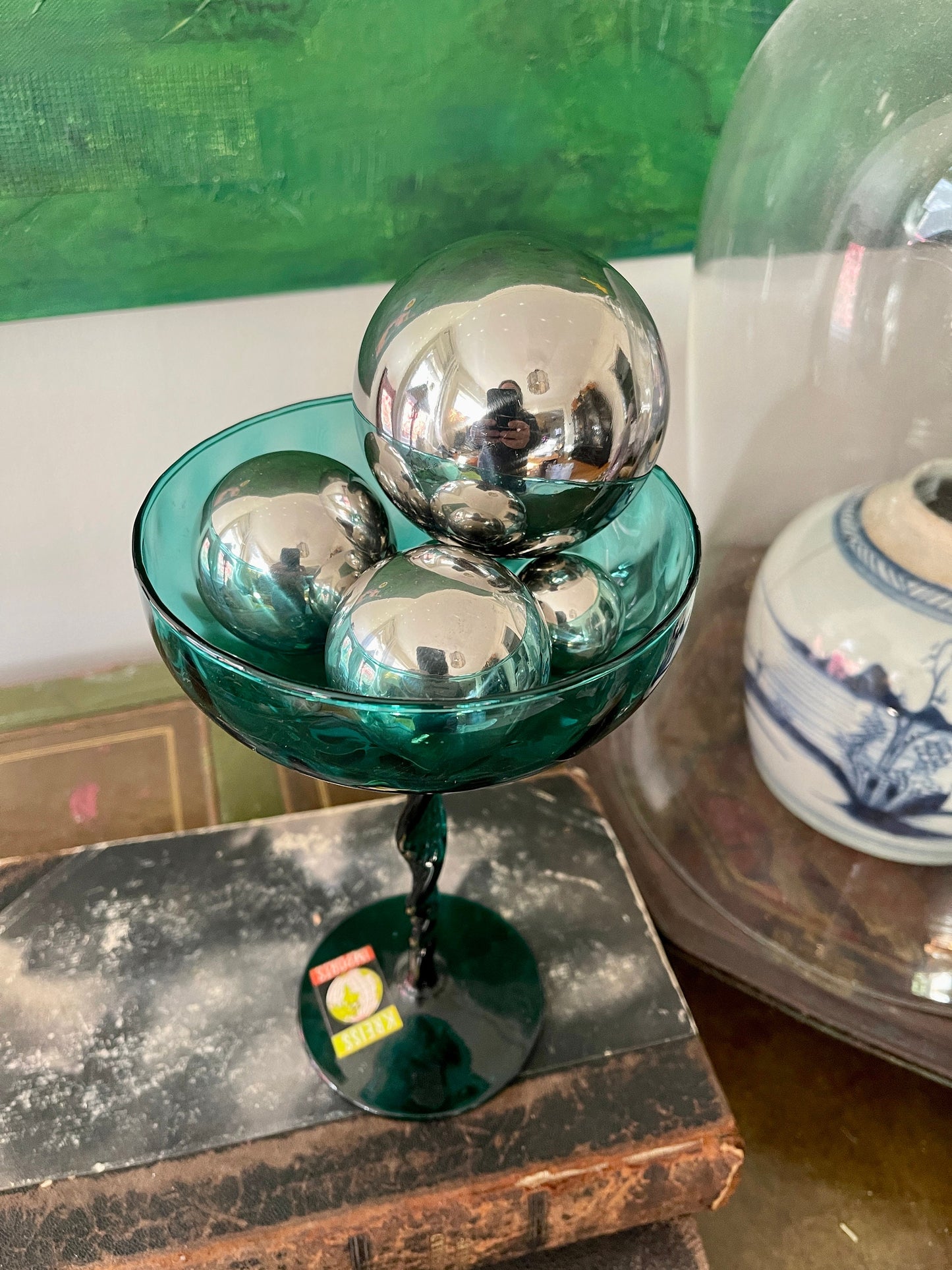 Mid Century Modern Teal Glass Compote