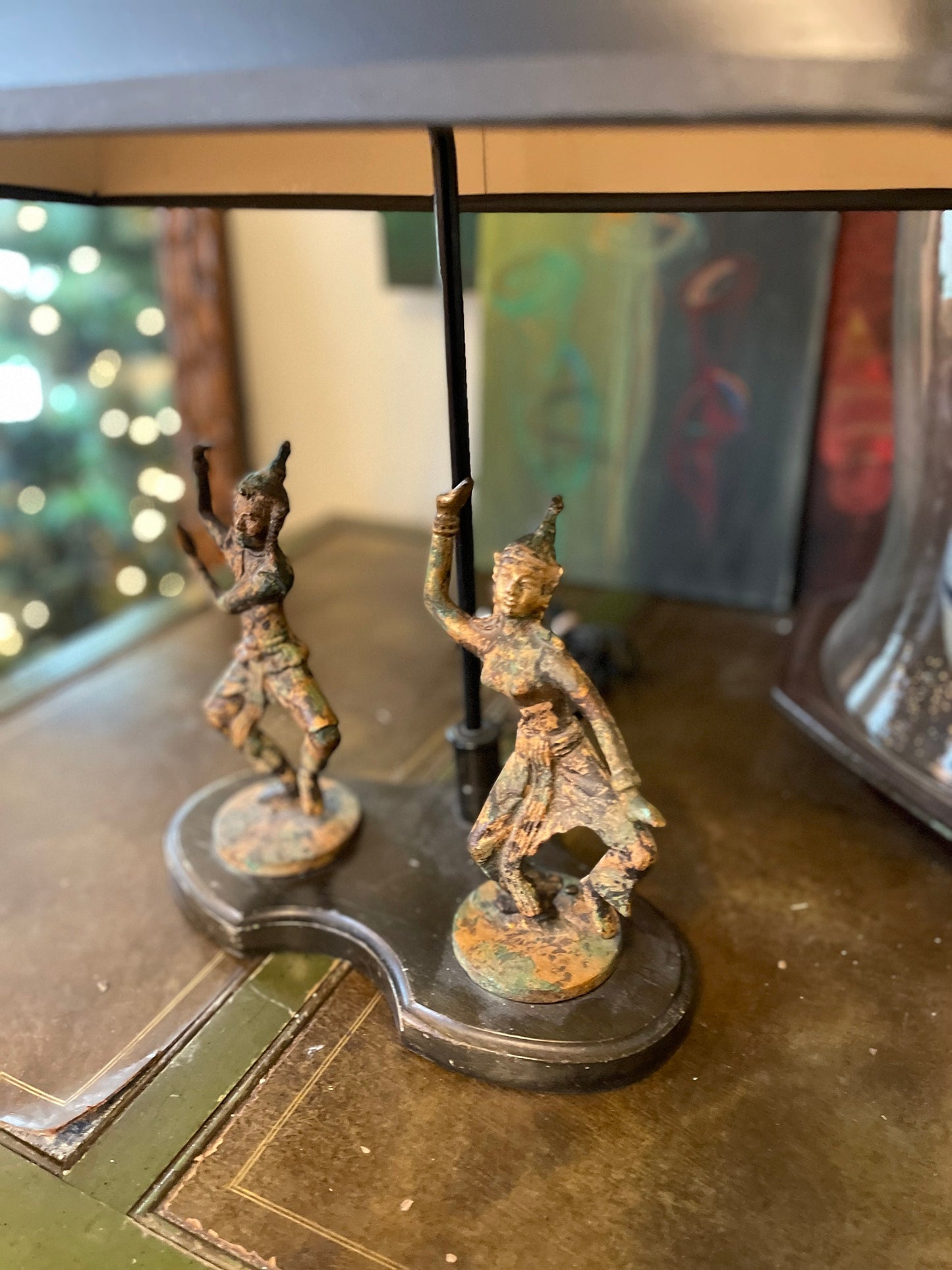 Vintage verdigris Asian dancer lamp