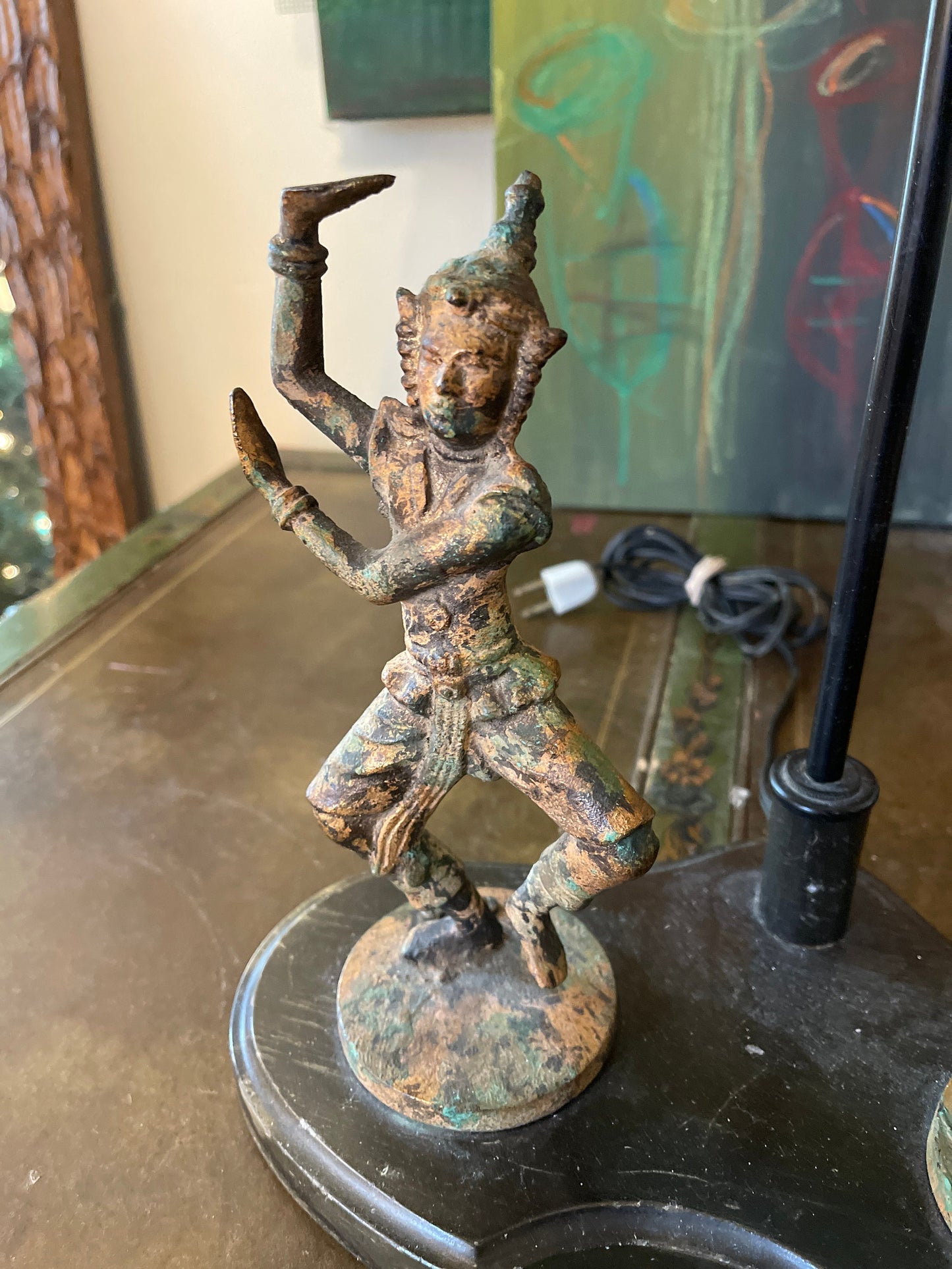 Vintage verdigris Asian dancer lamp