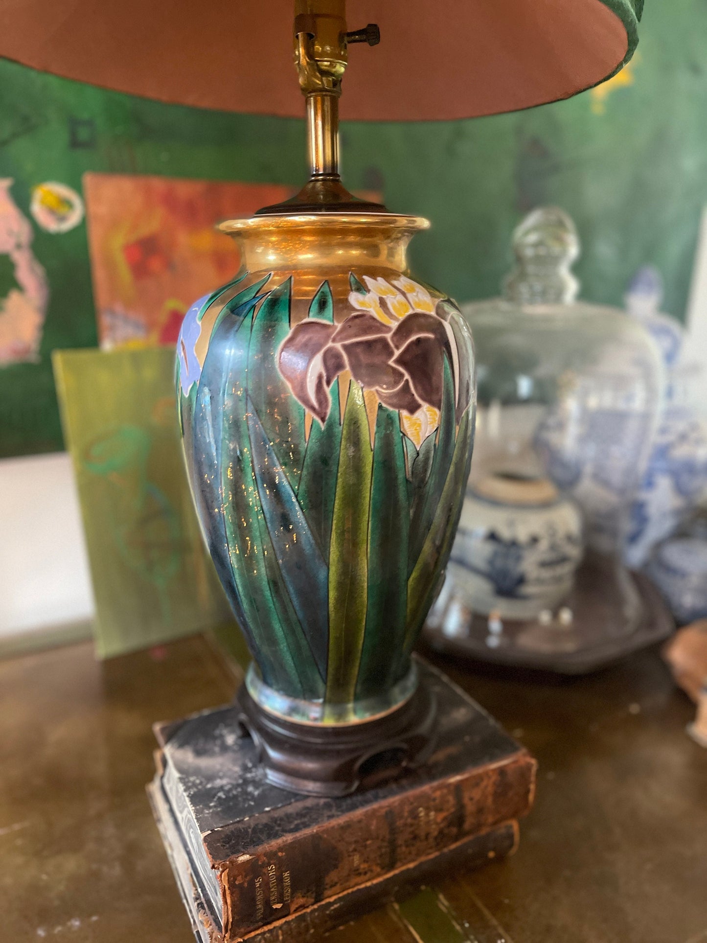 Vintage Enamel Painted Iris Lamp