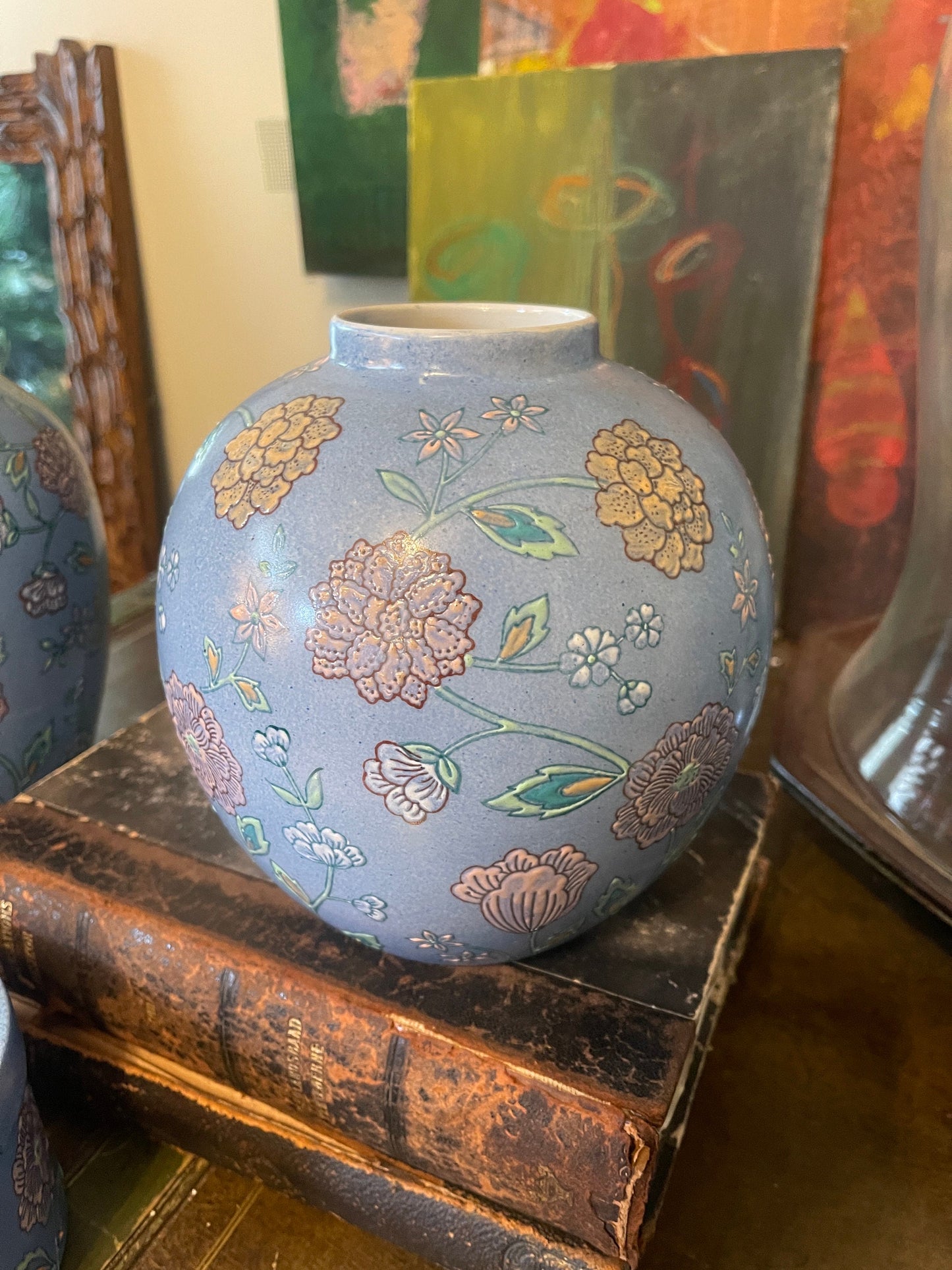 Collection of Three (3) Light Blue Floral Asian Vase and Jar c1970s Chinoiserie Chinese Ceramic Coastal Beachy Pastels Cottage