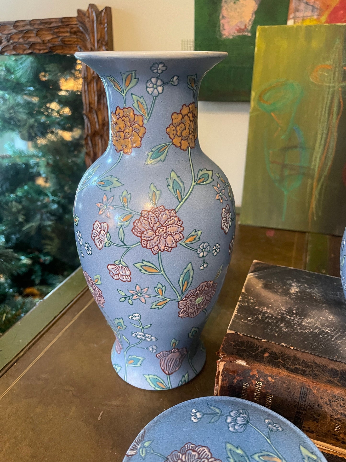 Collection of Three (3) Light Blue Floral Asian Vase and Jar c1970s Chinoiserie Chinese Ceramic Coastal Beachy Pastels Cottage