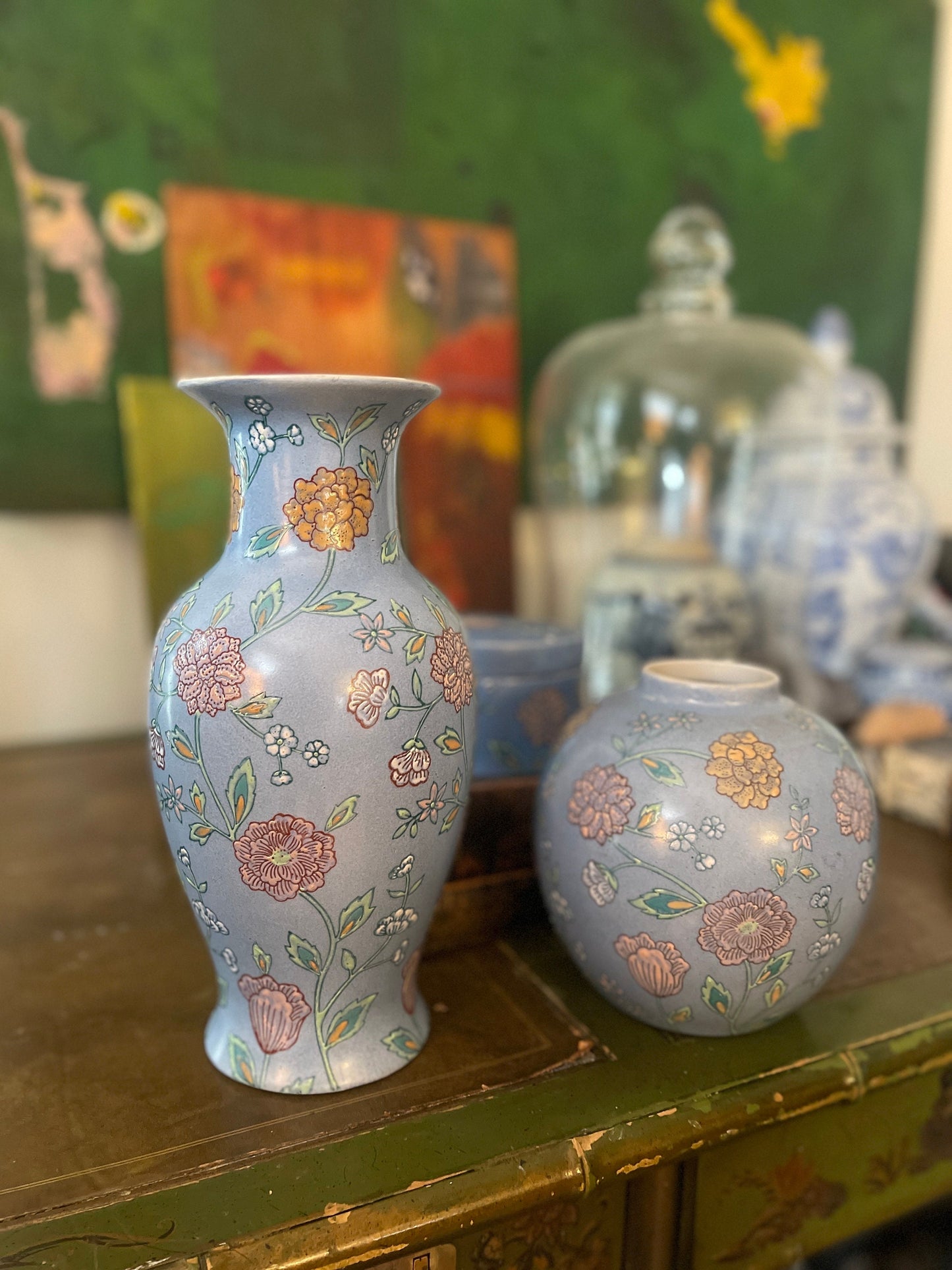 Collection of Three (3) Light Blue Floral Asian Vase and Jar c1970s Chinoiserie Chinese Ceramic Coastal Beachy Pastels Cottage