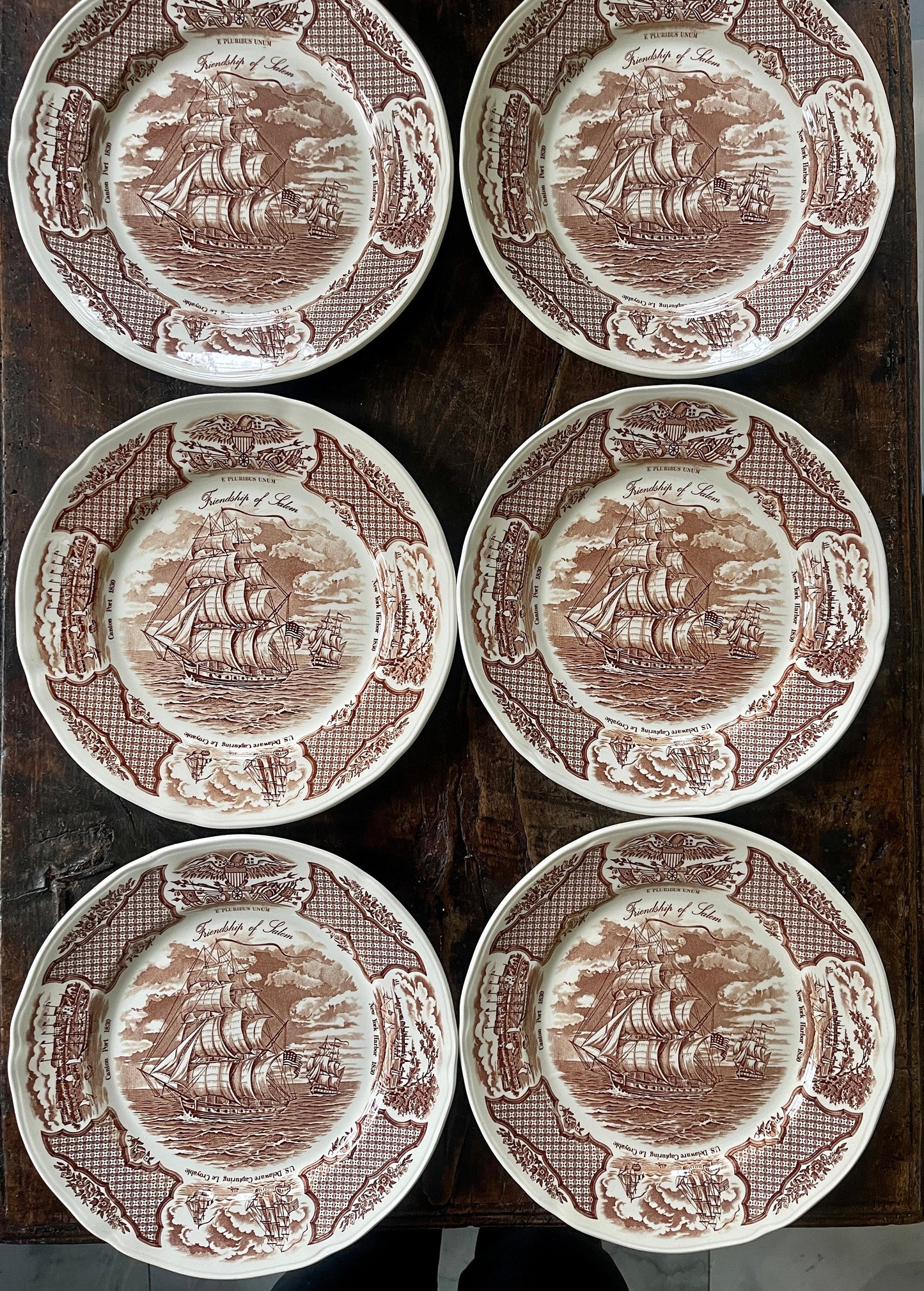 Set of Six (6) Brown and White English 10 1/8” Plates in Fairwinds by Alfred Meakin