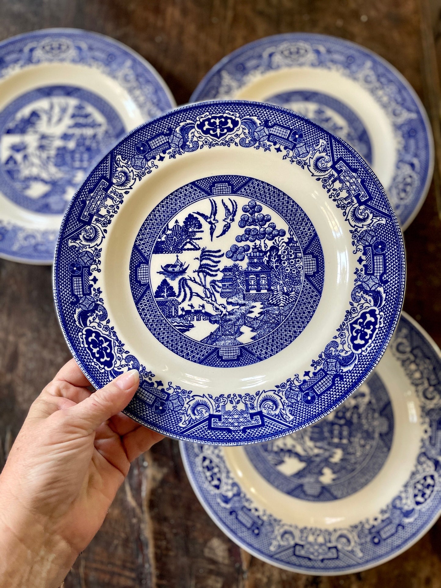 Set of Four (4) 10” Blue Willow Dinner Plates Vintage