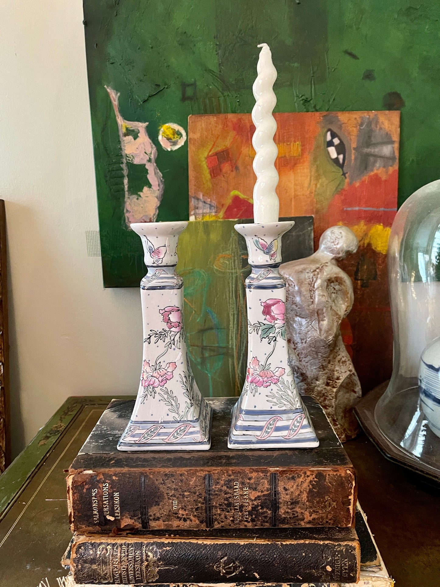 Pair of Vintage Chinoiserie 1980s Ceramic Candlestick Holders