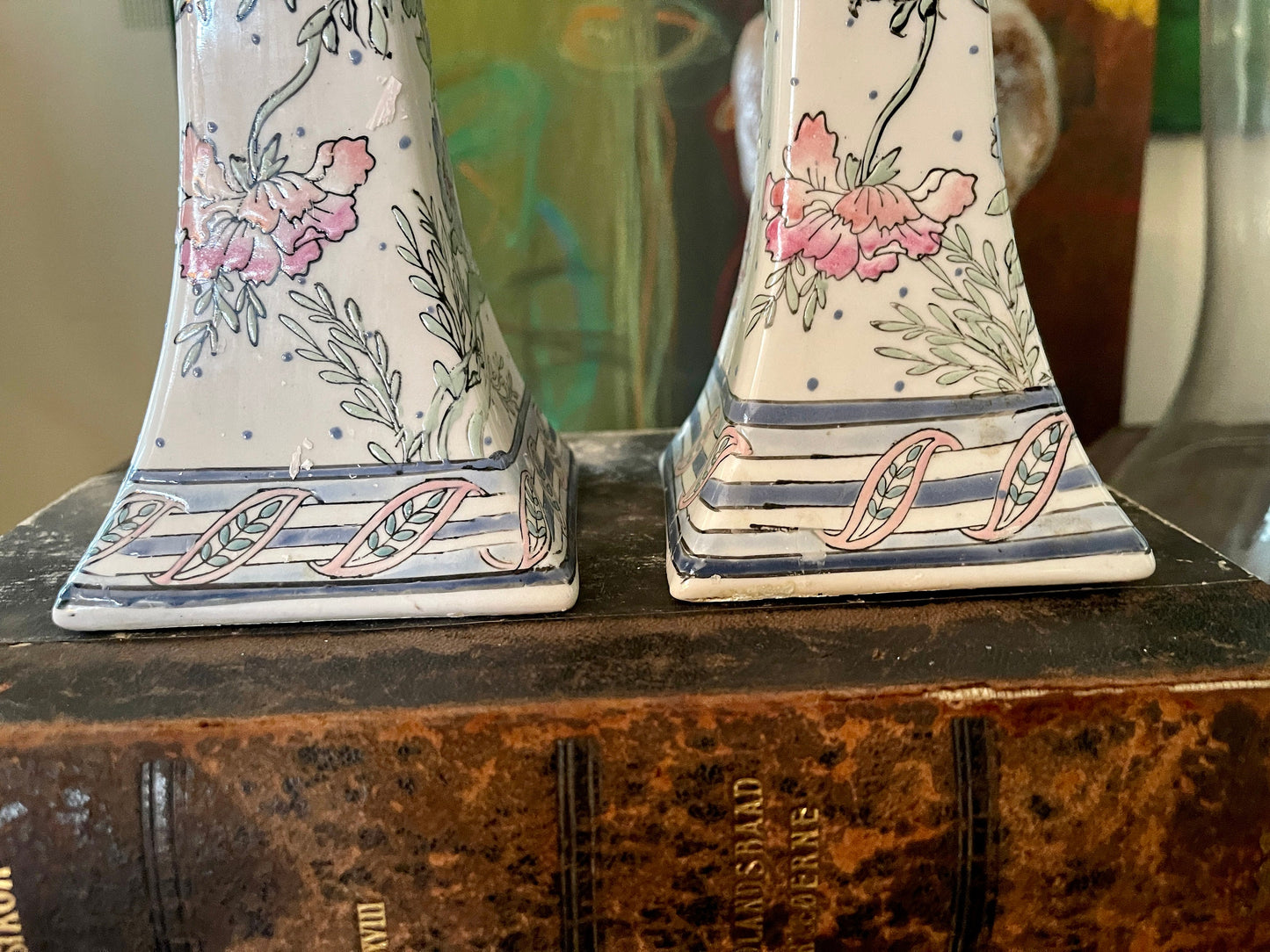 Pair of Vintage Chinoiserie 1980s Ceramic Candlestick Holders