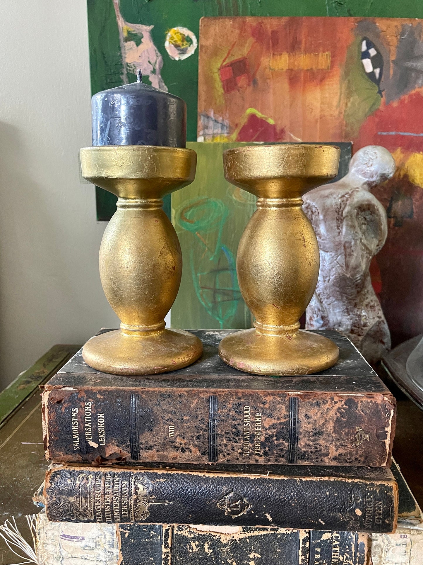 Pair of Vintage Italian Gilt Ceramic Candlestick Holders