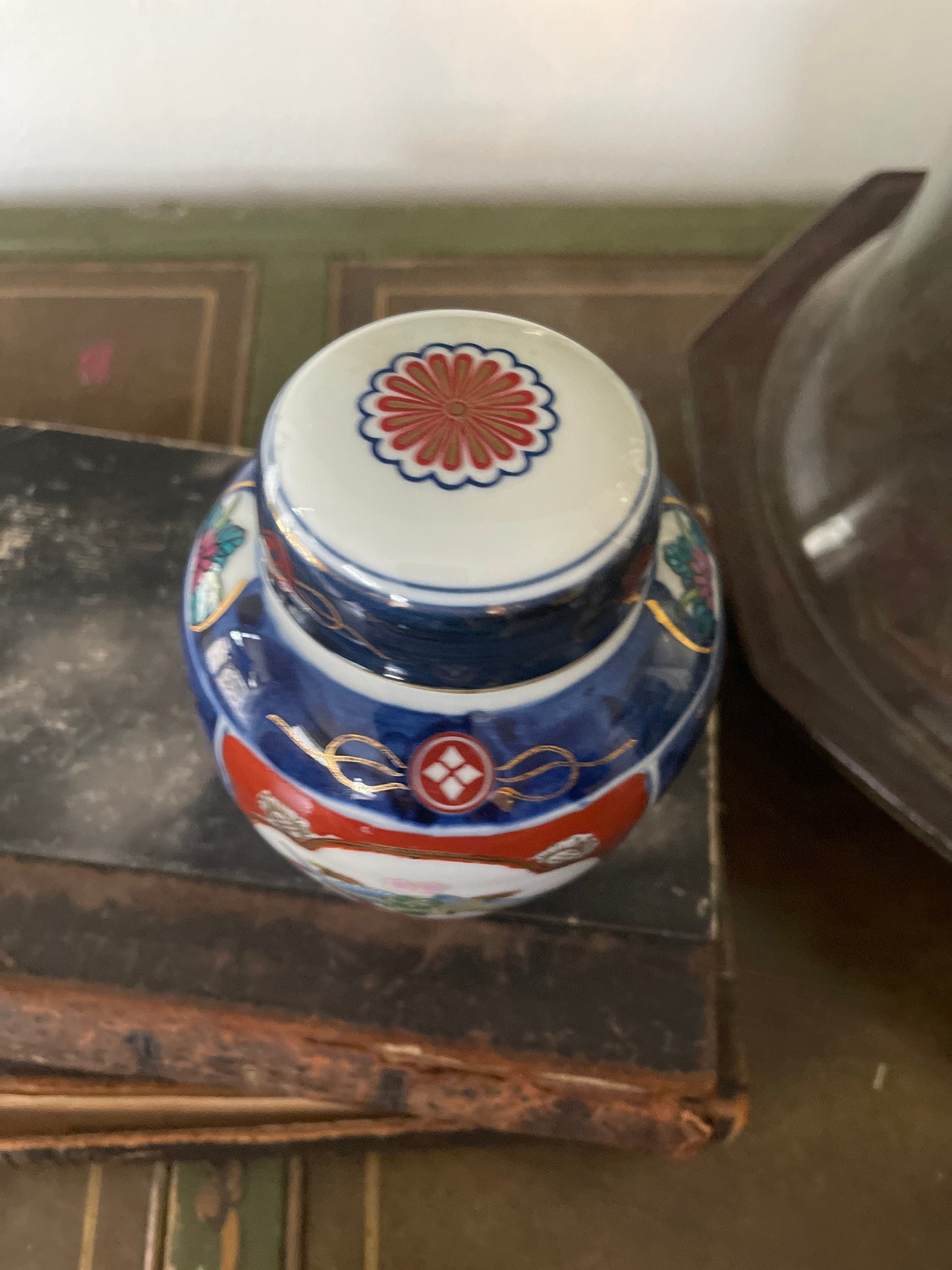 Small Vintage Japanese Red and Blue Ginger Jar