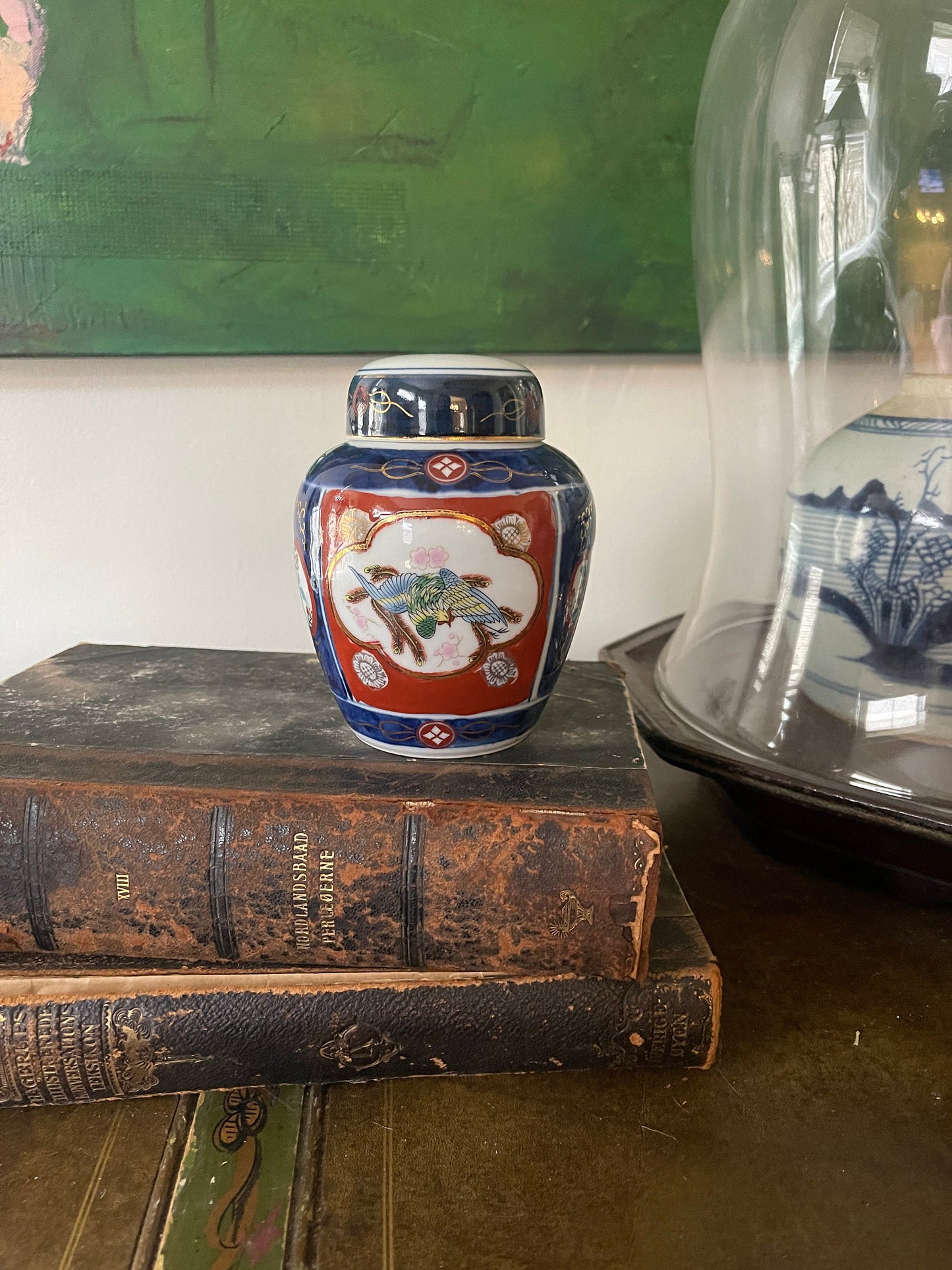 Small Vintage Japanese Red and Blue Ginger Jar