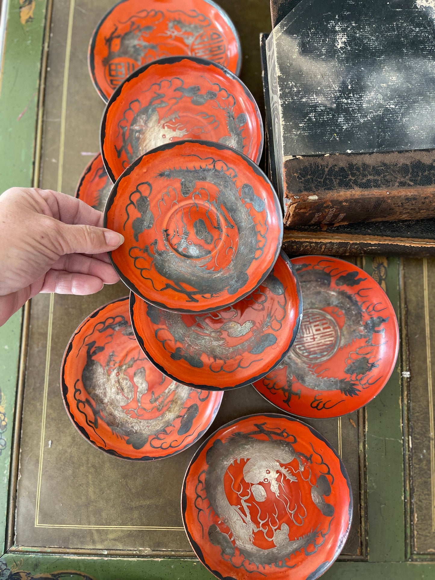 Vintage Collection of 13 Pieces Red Dragon Chinese Teacups and Saucers