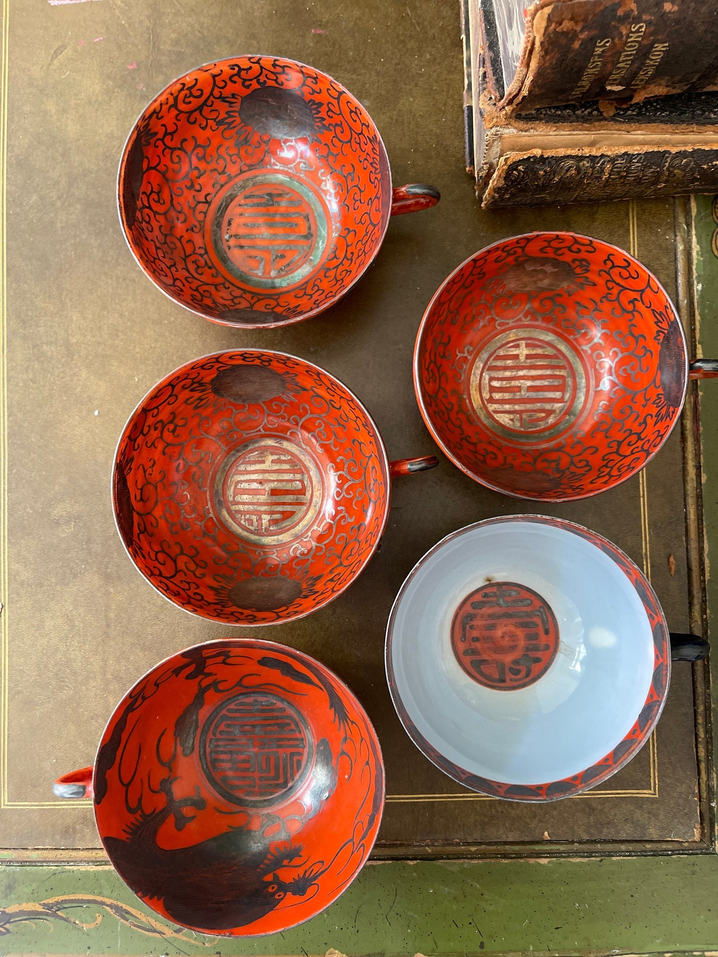 Vintage Collection of 13 Pieces Red Dragon Chinese Teacups and Saucers