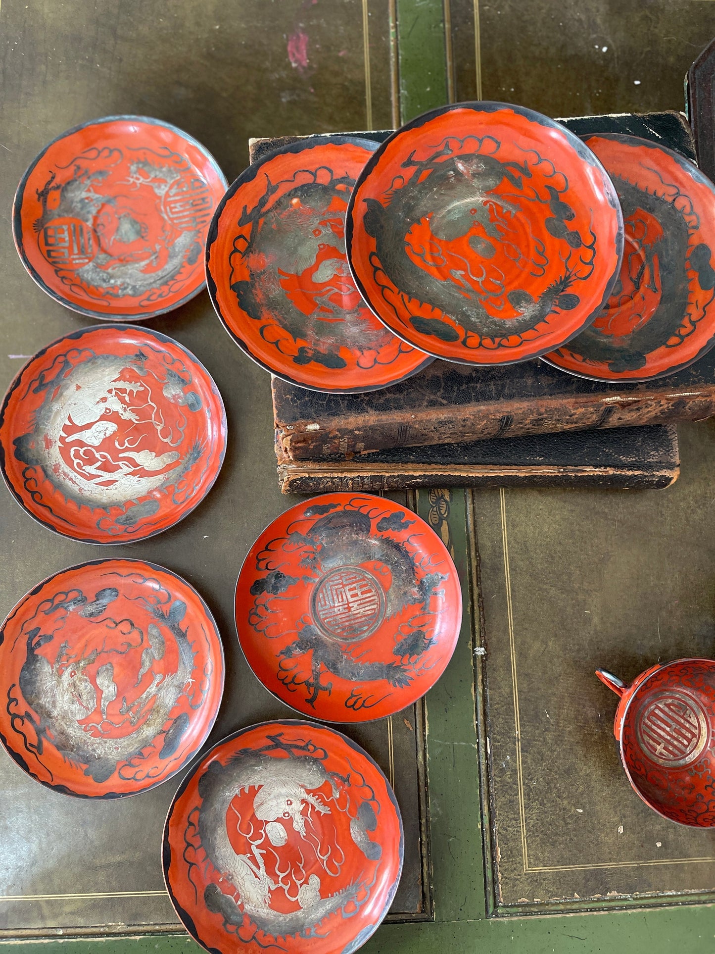 Vintage Collection of 13 Pieces Red Dragon Chinese Teacups and Saucers