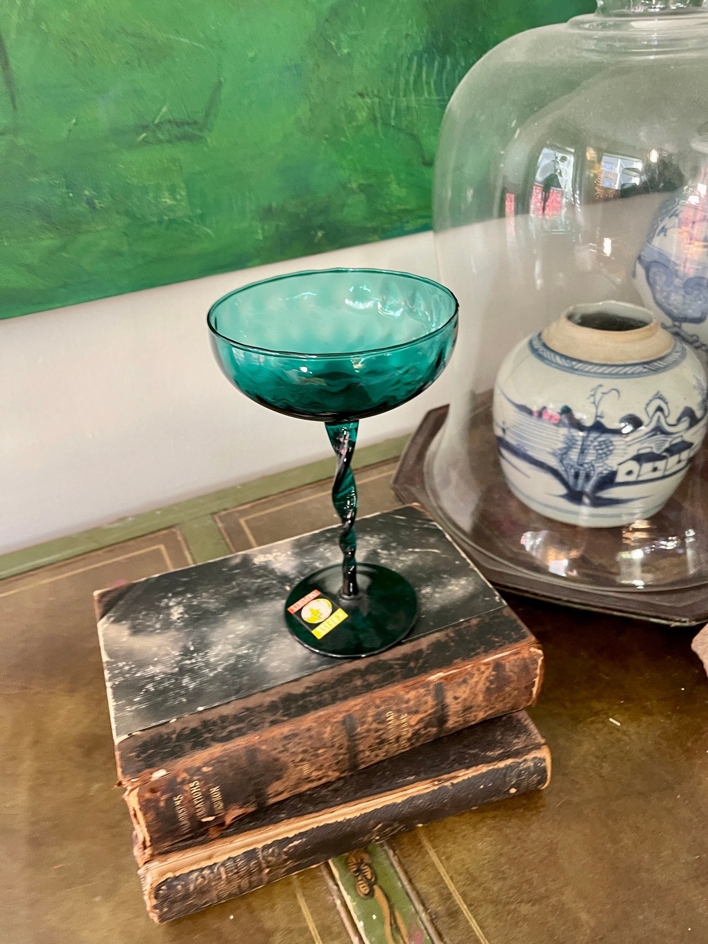 Mid Century Modern Teal Glass Compote