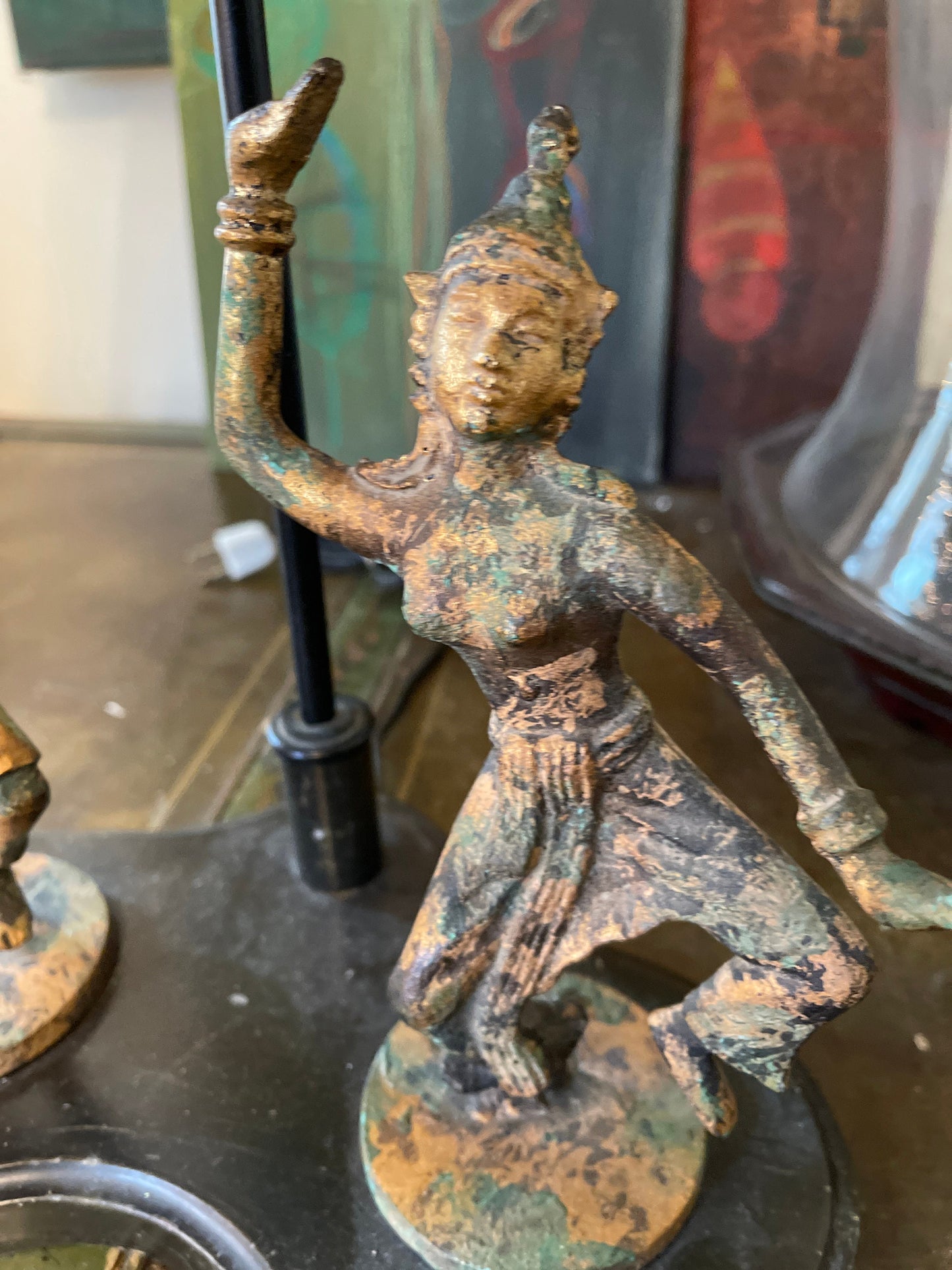 Vintage verdigris Asian dancer lamp