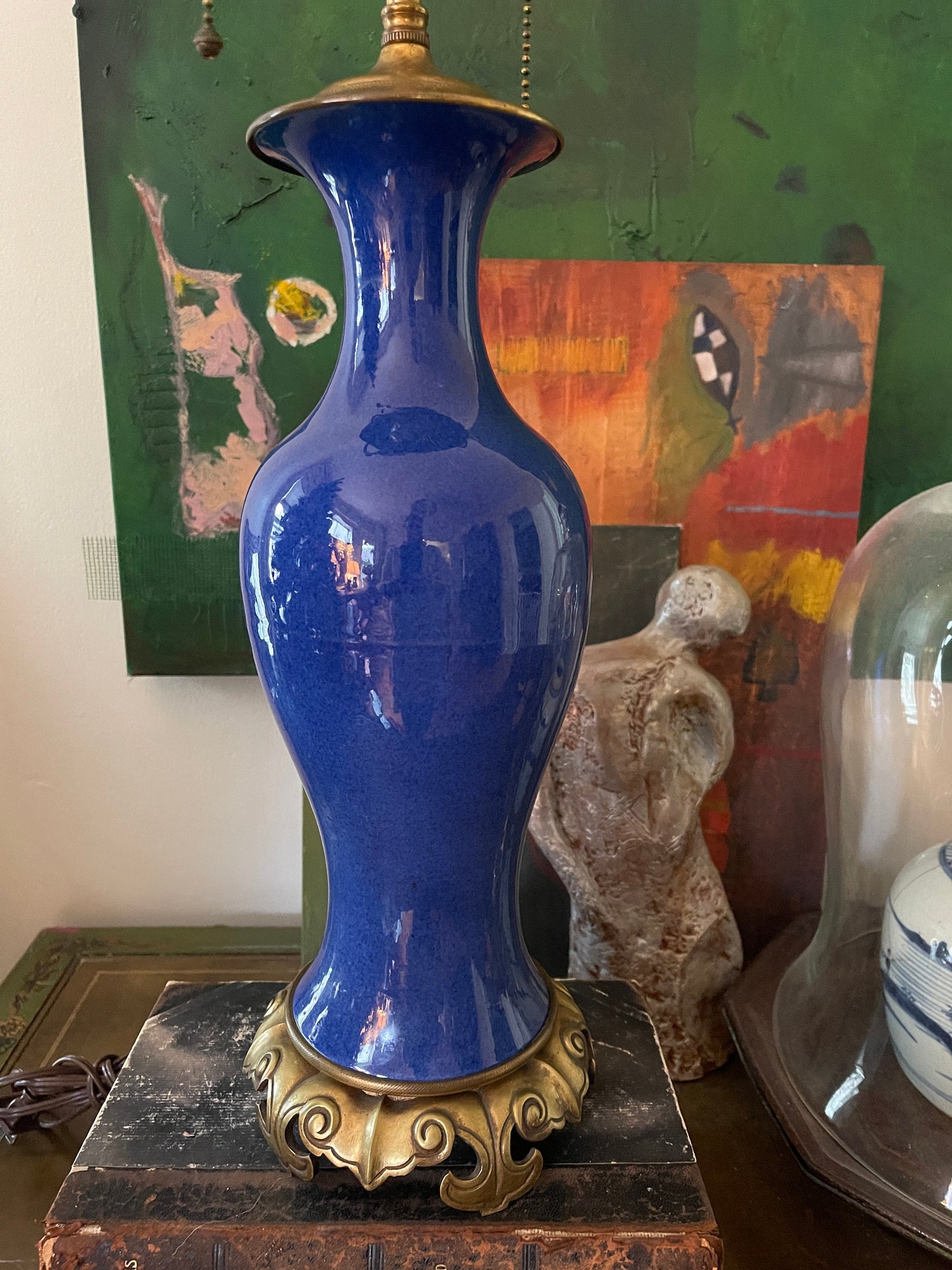 Vintage Royal Blue Glaze Vase Asian Lamp