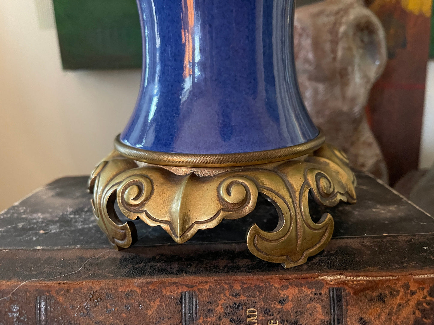 Vintage Royal Blue Glaze Vase Asian Lamp