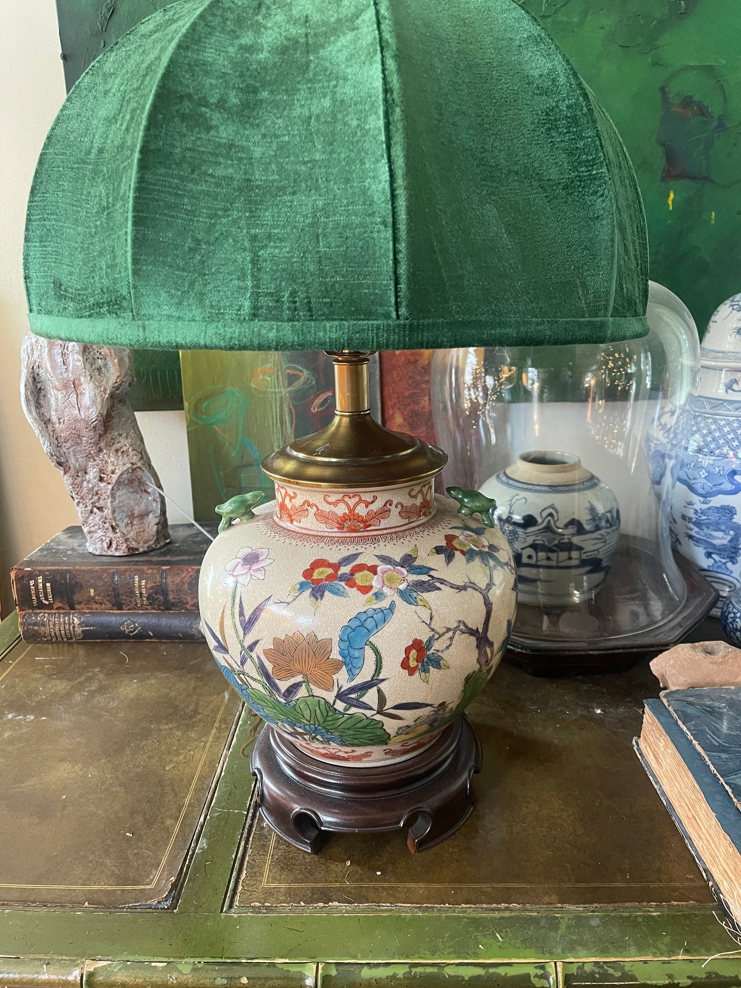 Vintage Asian Green Handled Lily Pad Lamp