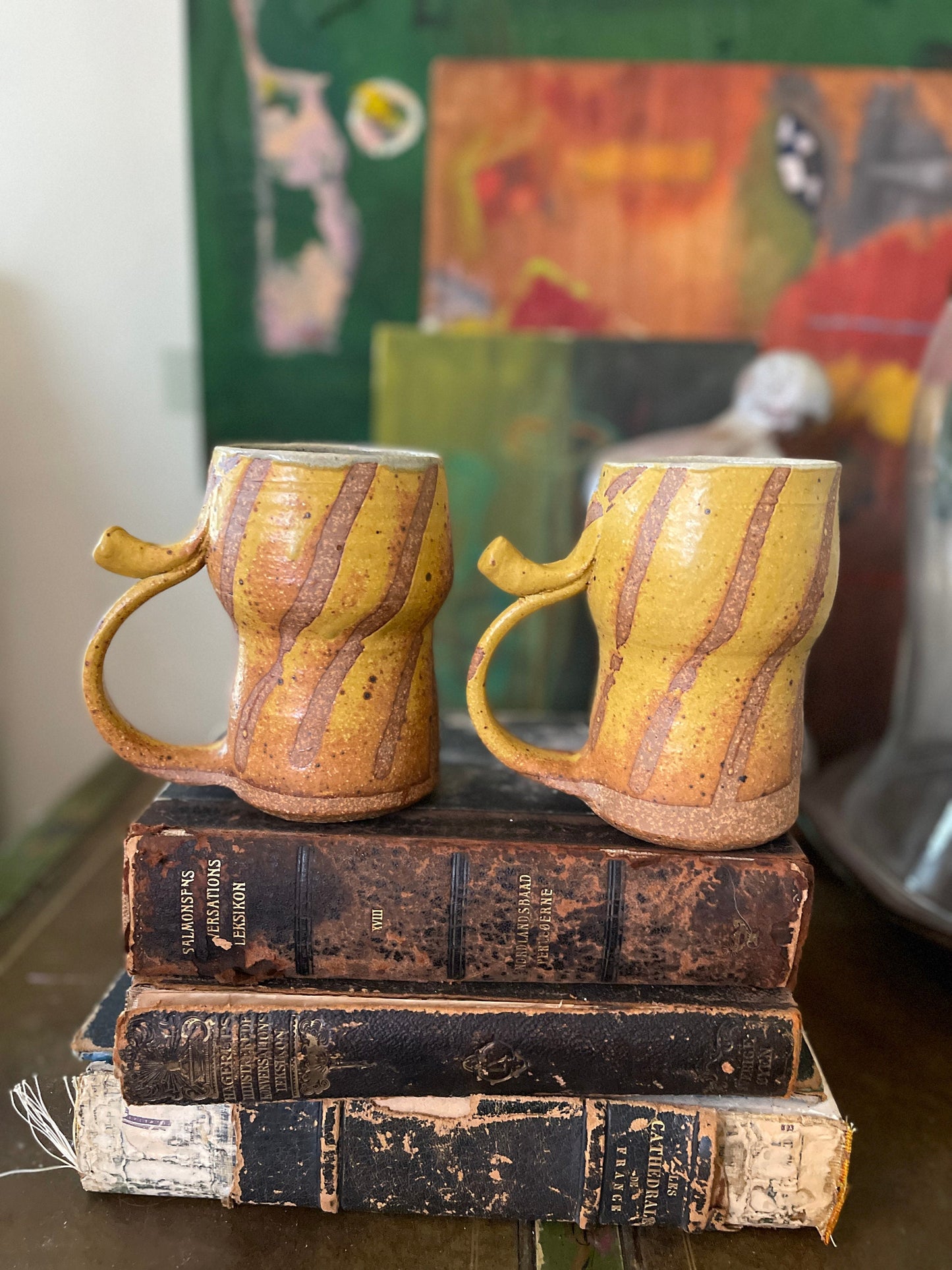 Vintage Pair of Studio Pottery Tall Mugs