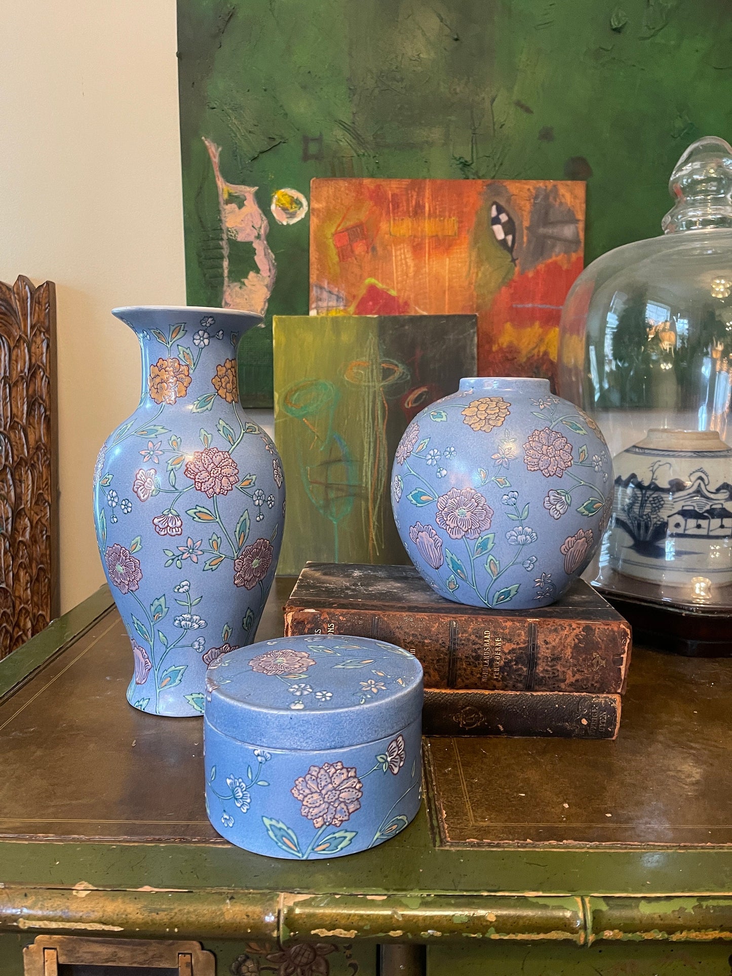 Collection of Three (3) Light Blue Floral Asian Vase and Jar c1970s Chinoiserie Chinese Ceramic Coastal Beachy Pastels Cottage