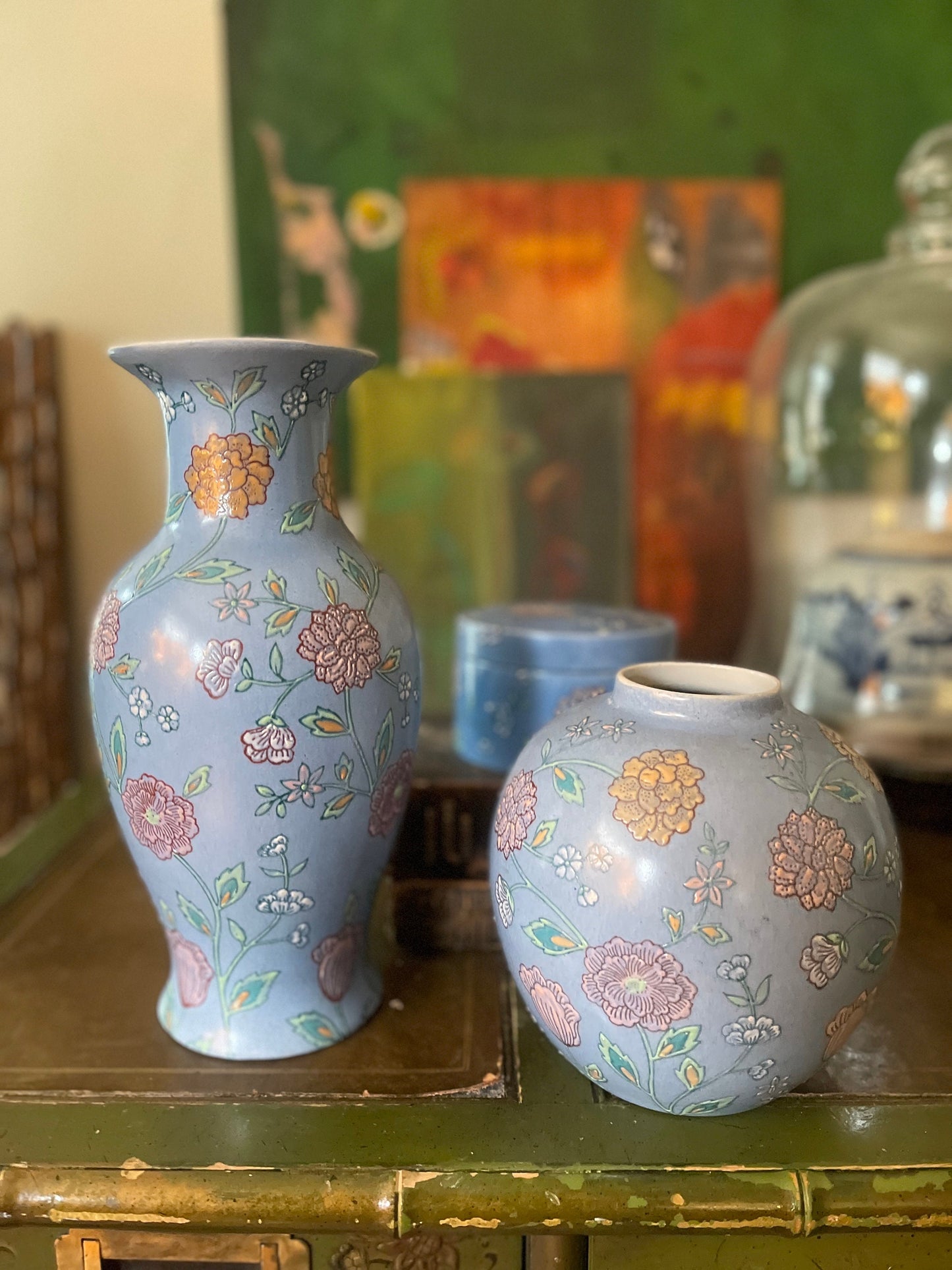 Collection of Three (3) Light Blue Floral Asian Vase and Jar c1970s Chinoiserie Chinese Ceramic Coastal Beachy Pastels Cottage