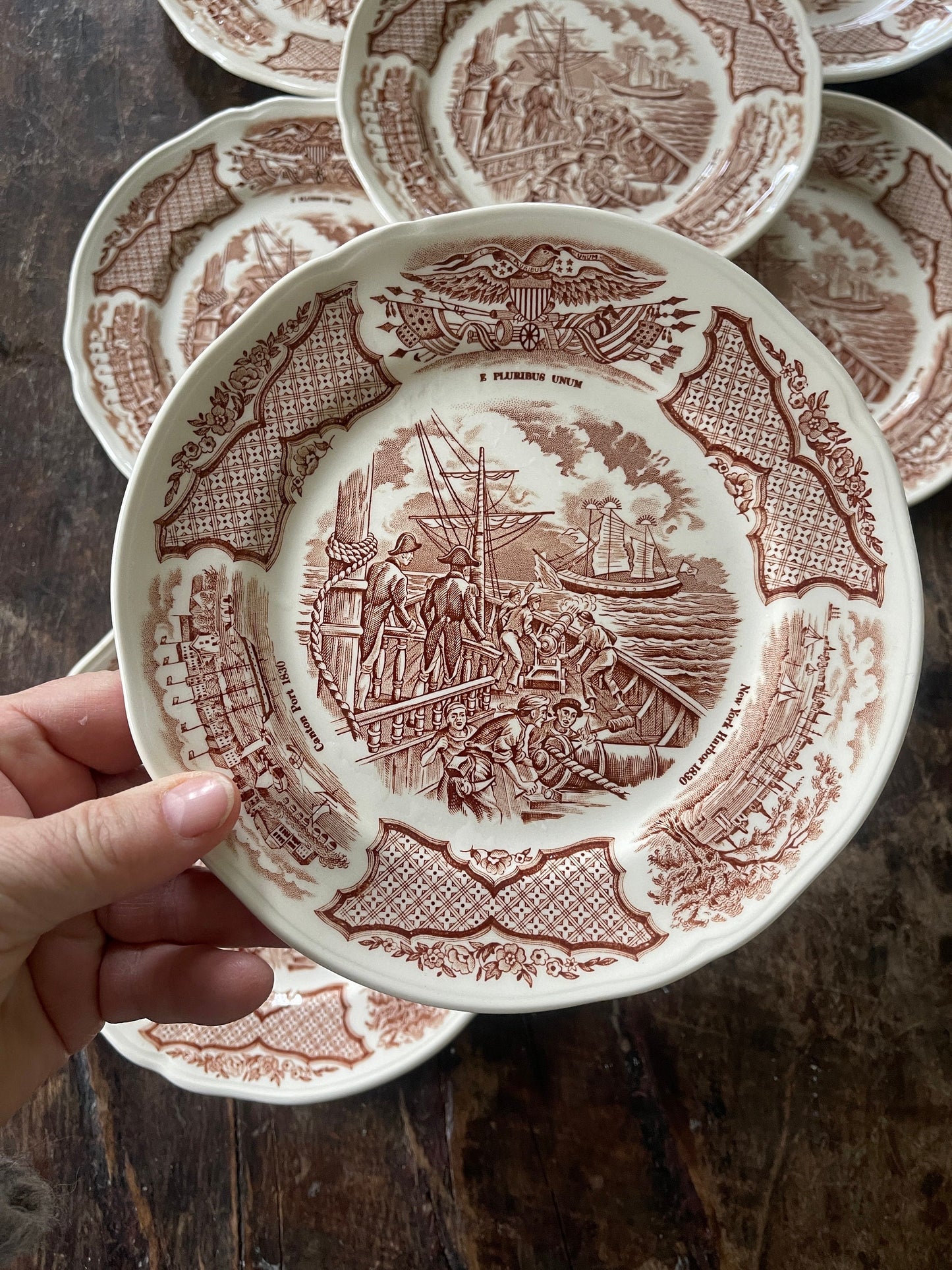 Set of Eight (8) Brown and White English 7” Plates in Fairwinds by Alfred Meakin