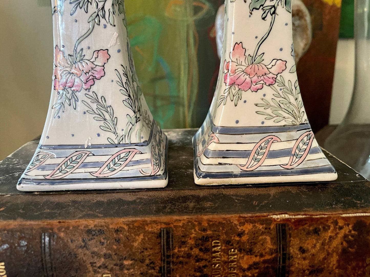 Pair of Vintage Chinoiserie 1980s Ceramic Candlestick Holders