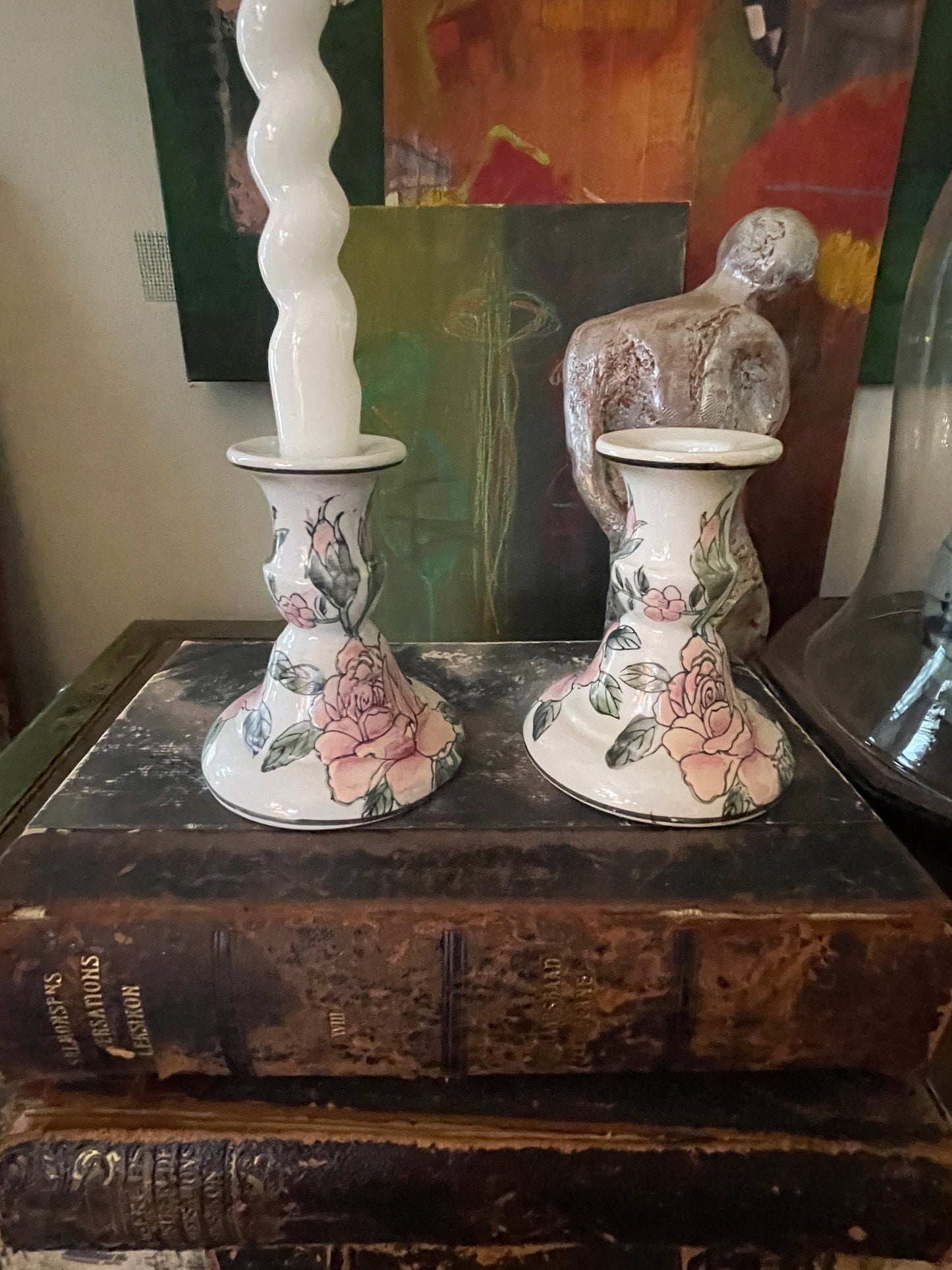 Vintage Pink Floral Chinoiserie Pair of Candlestick Holders