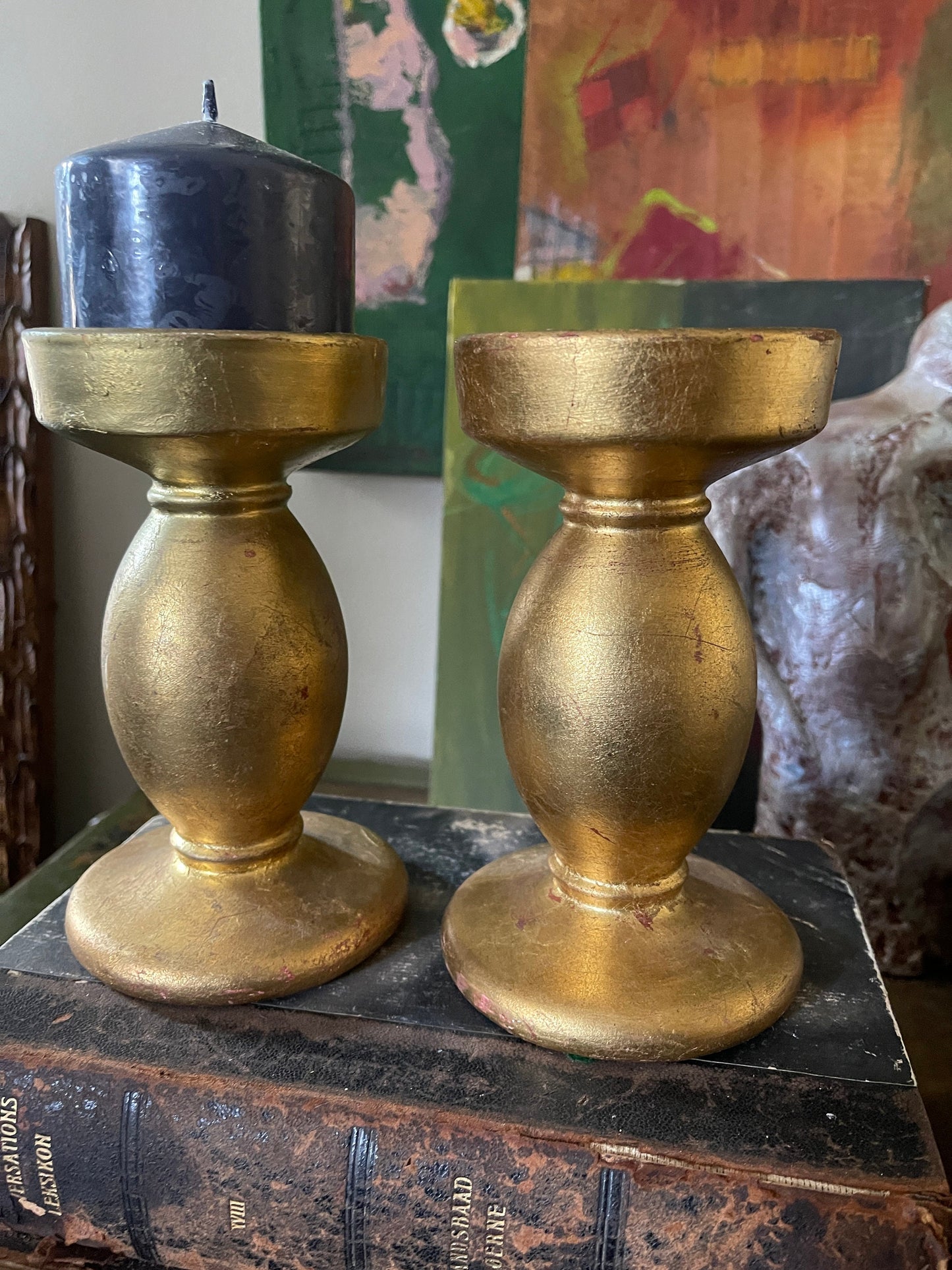 Pair of Vintage Italian Gilt Ceramic Candlestick Holders