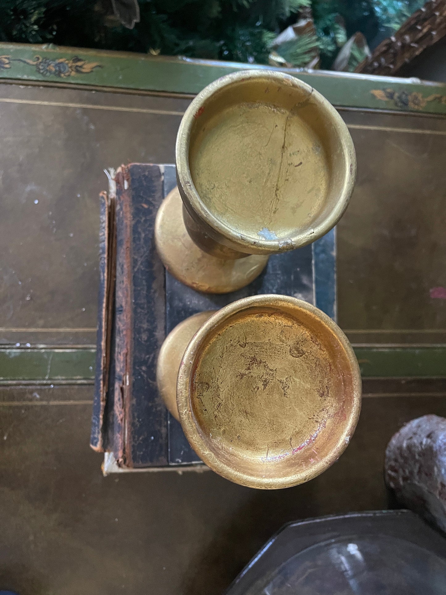 Pair of Vintage Italian Gilt Ceramic Candlestick Holders