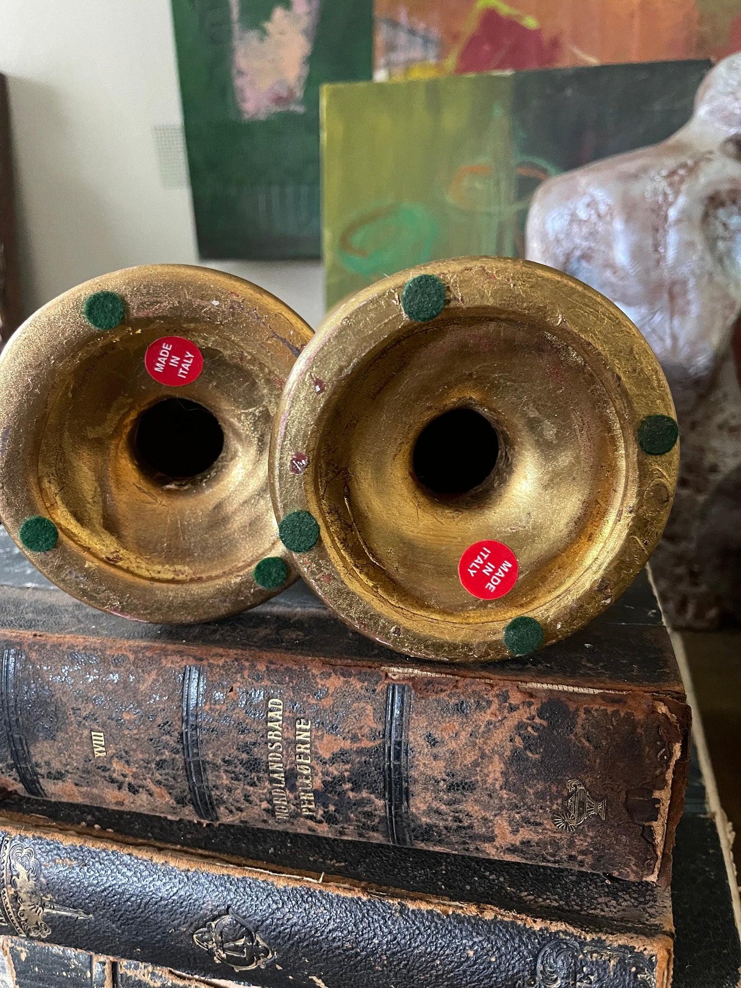 Pair of Vintage Italian Gilt Ceramic Candlestick Holders